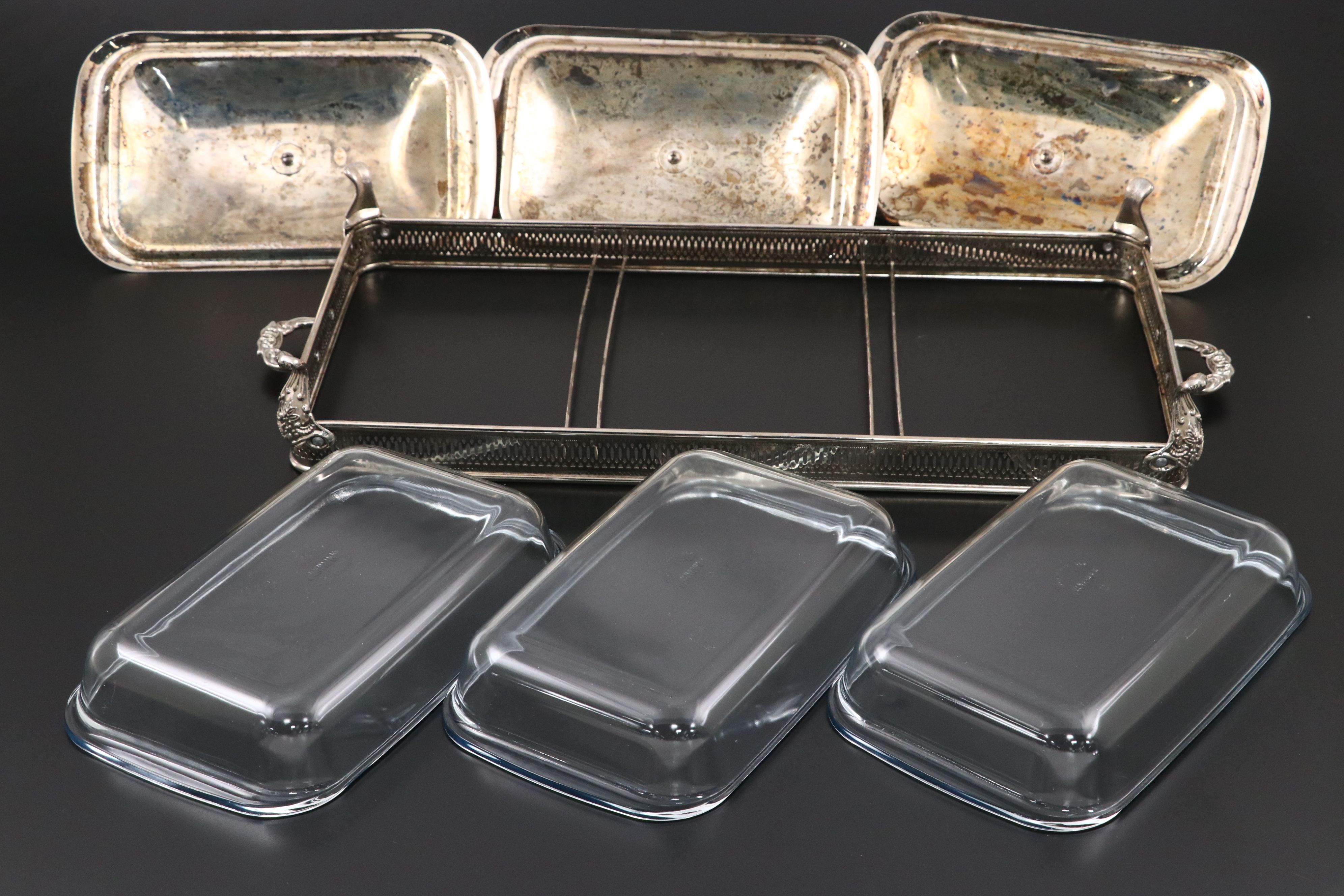 Victorian Style Silver Plate Chafing Dishes with Glass Inserts