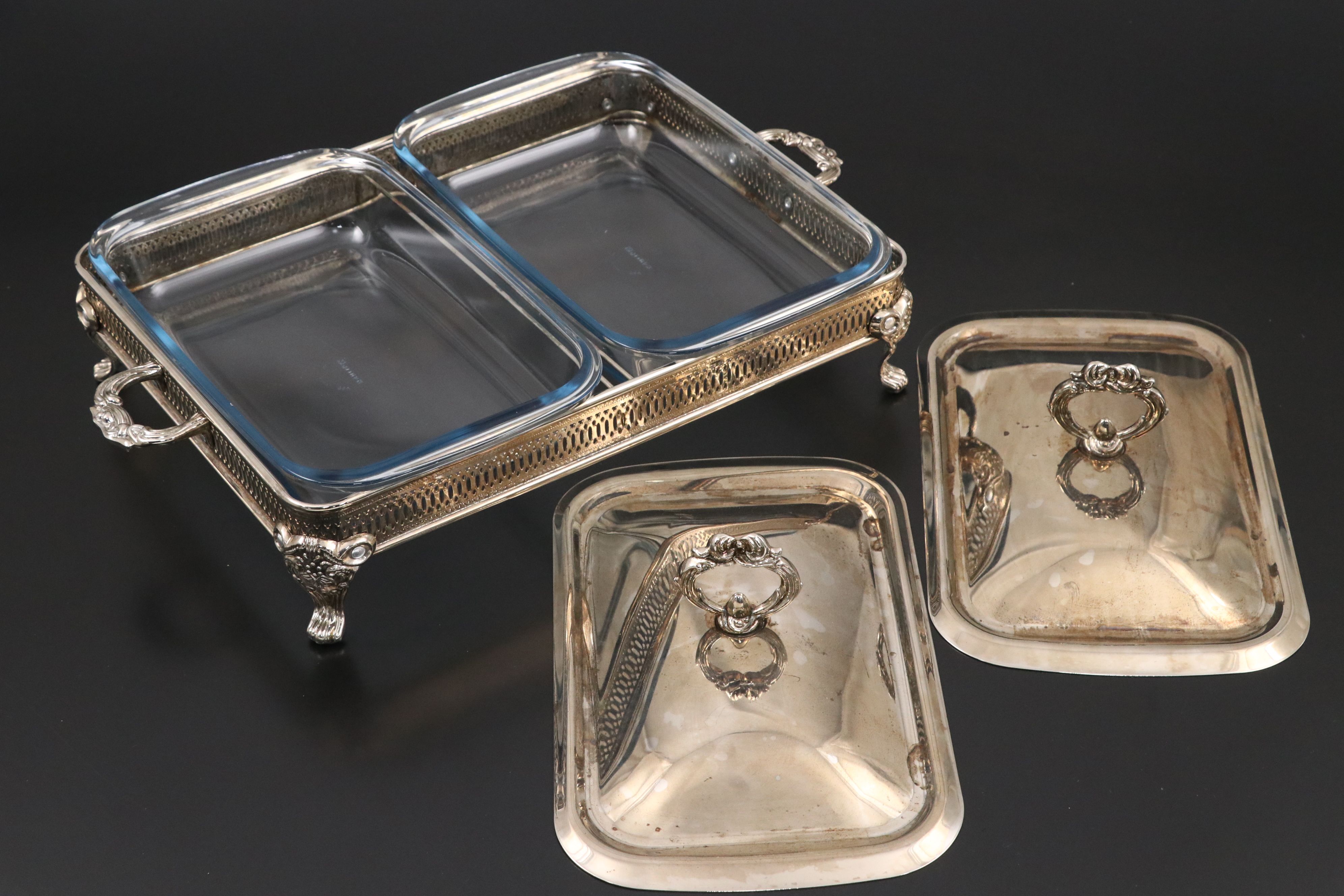 Victorian Style Silver Plate Chafing Dishes with Glass Inserts