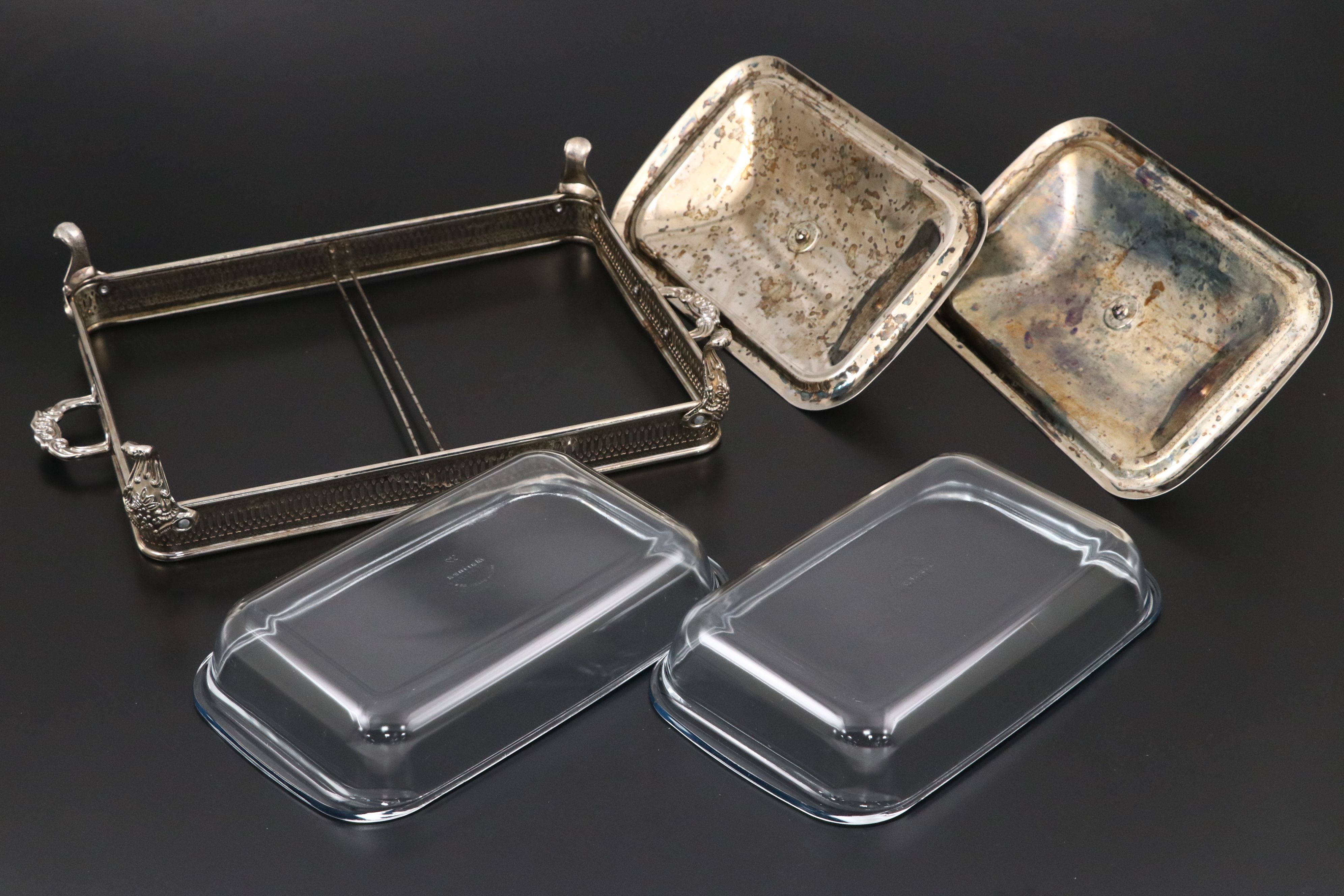 Victorian Style Silver Plate Chafing Dishes with Glass Inserts