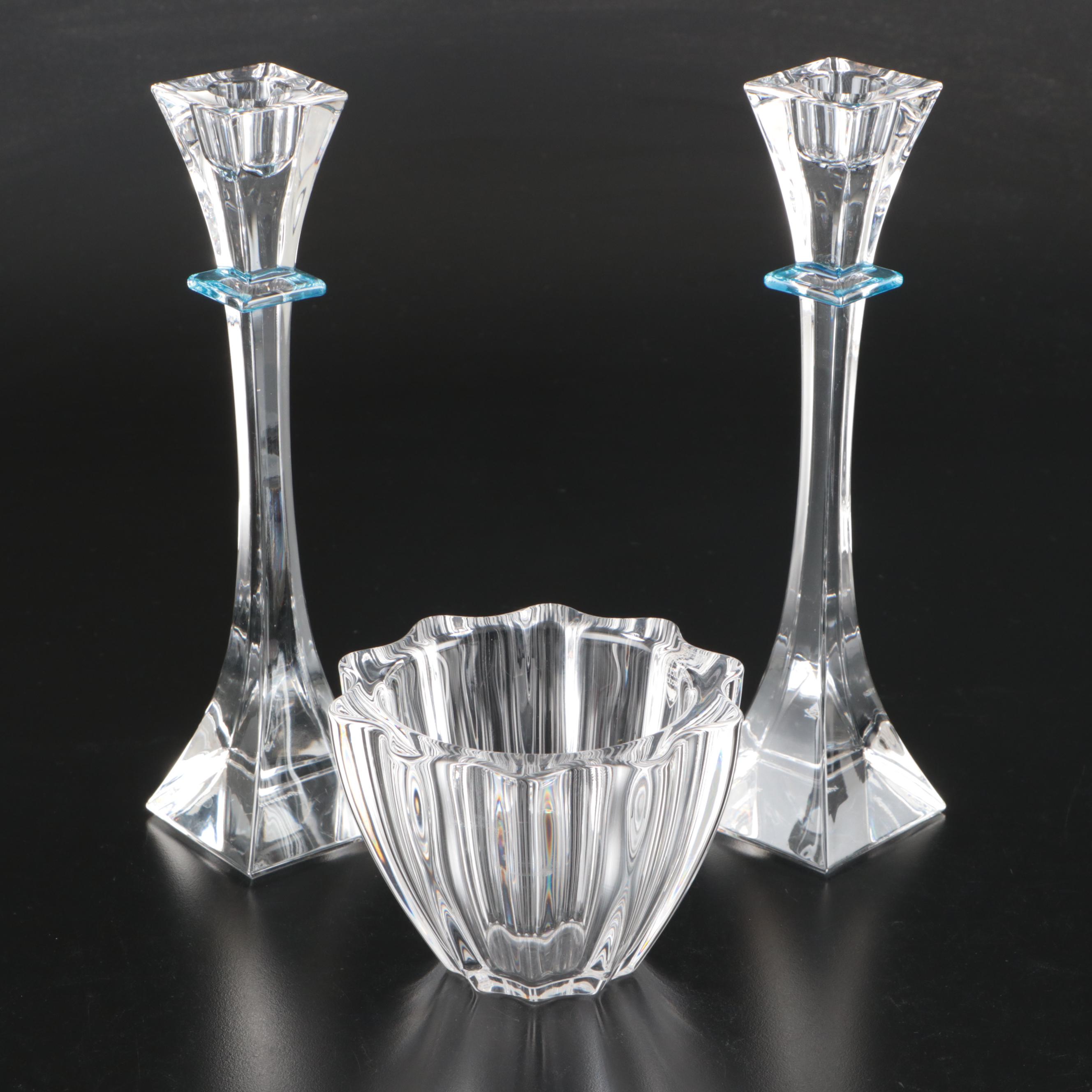 Pair of Nachtmann Crystal Candlesticks with Orrefors "Isabella" Crystal Bowl