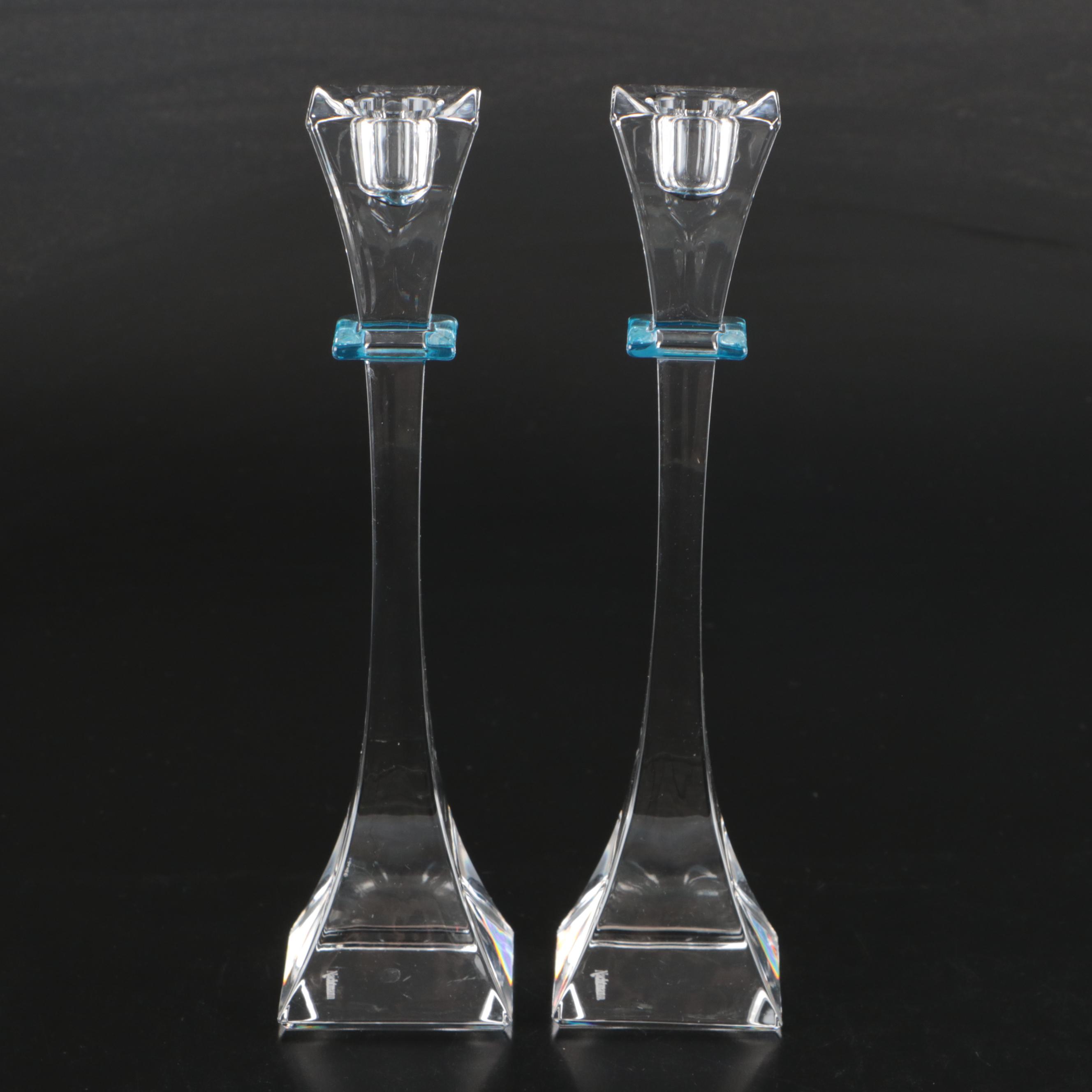Pair of Nachtmann Crystal Candlesticks with Orrefors "Isabella" Crystal Bowl