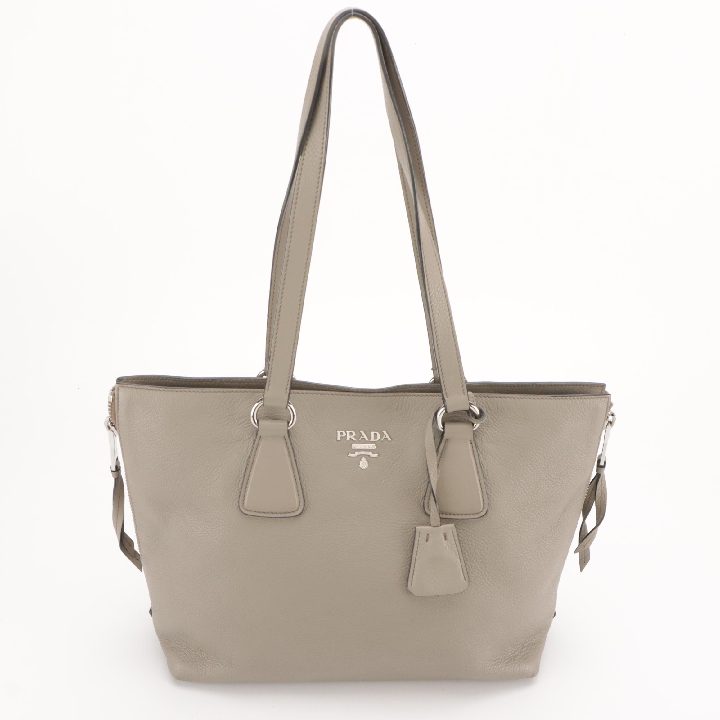 Prada Side-Zip Shoulder Bag in Pebble Grey Grained Leather