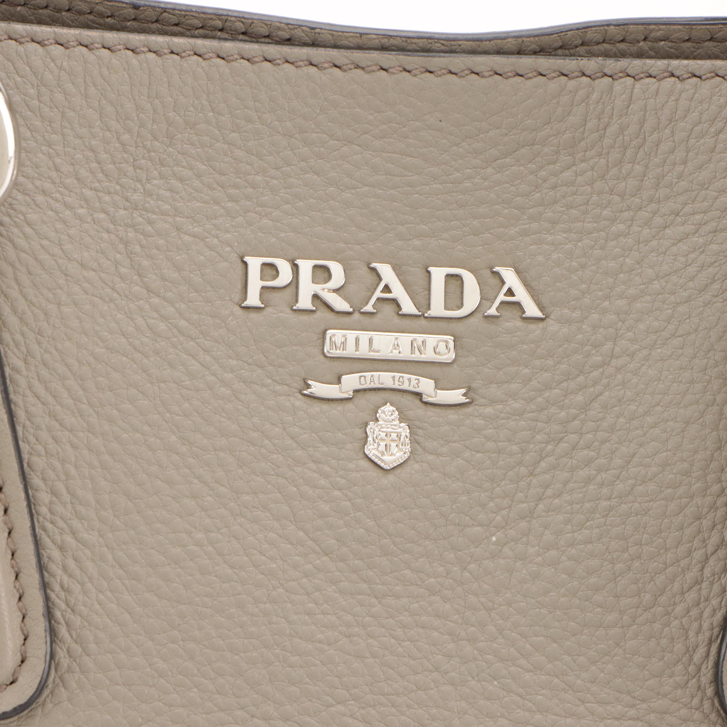 Prada Side-Zip Shoulder Bag in Pebble Grey Grained Leather