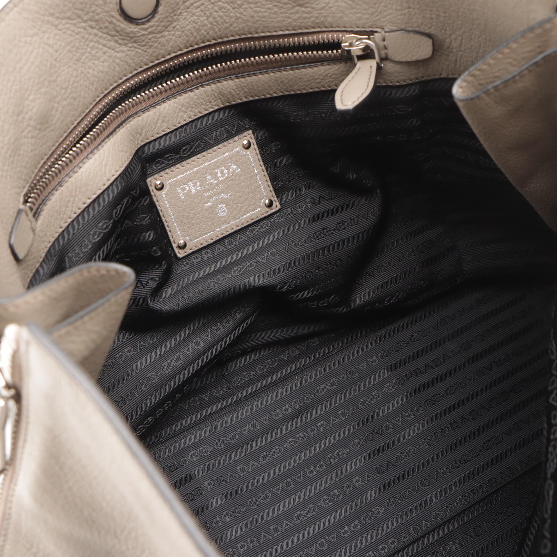 Prada Side-Zip Shoulder Bag in Pebble Grey Grained Leather