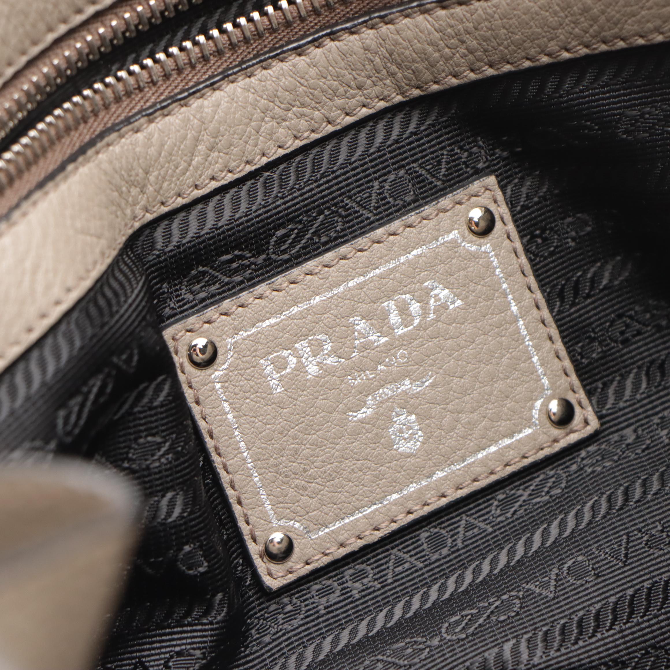 Prada Side-Zip Shoulder Bag in Pebble Grey Grained Leather