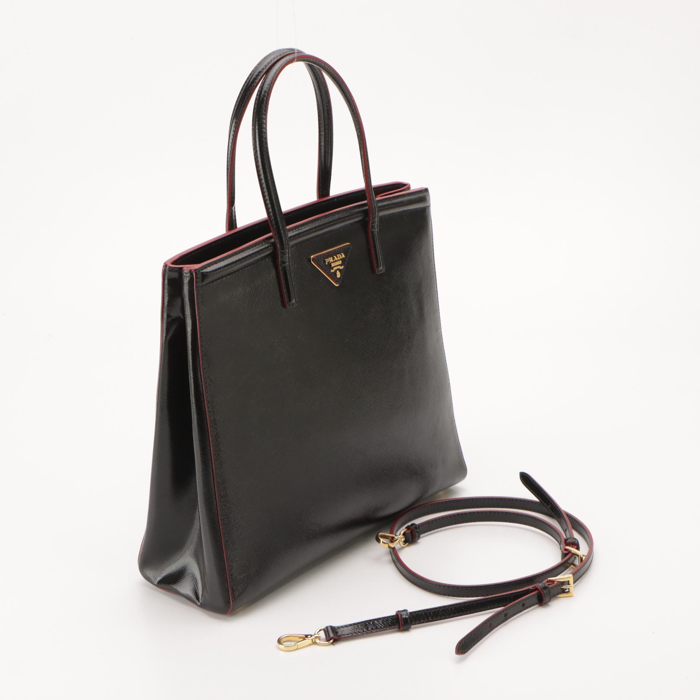Prada Black Saffiano Patent Leather Two-Way Tote with Red Trim