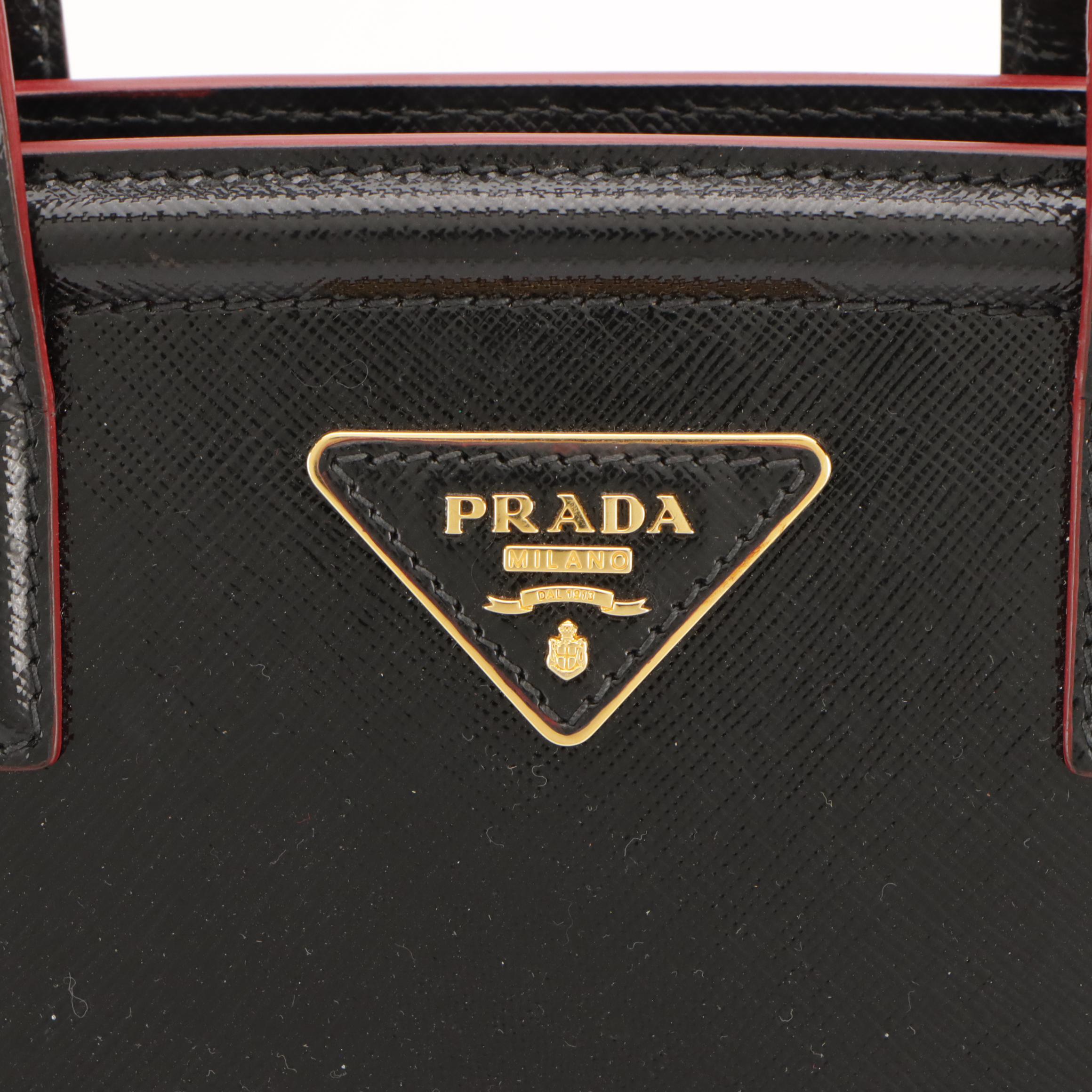 Prada Black Saffiano Patent Leather Two-Way Tote with Red Trim