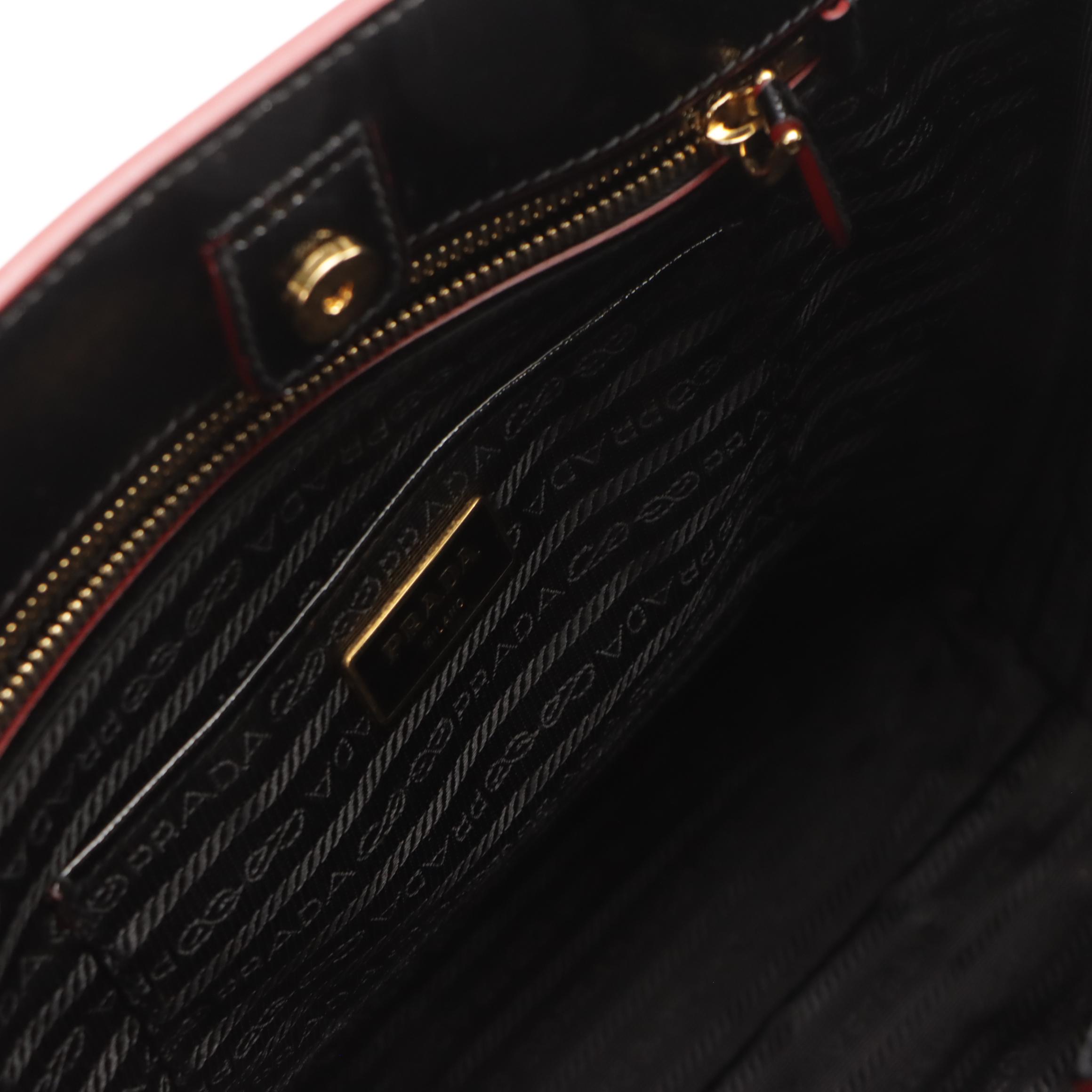 Prada Black Saffiano Patent Leather Two-Way Tote with Red Trim