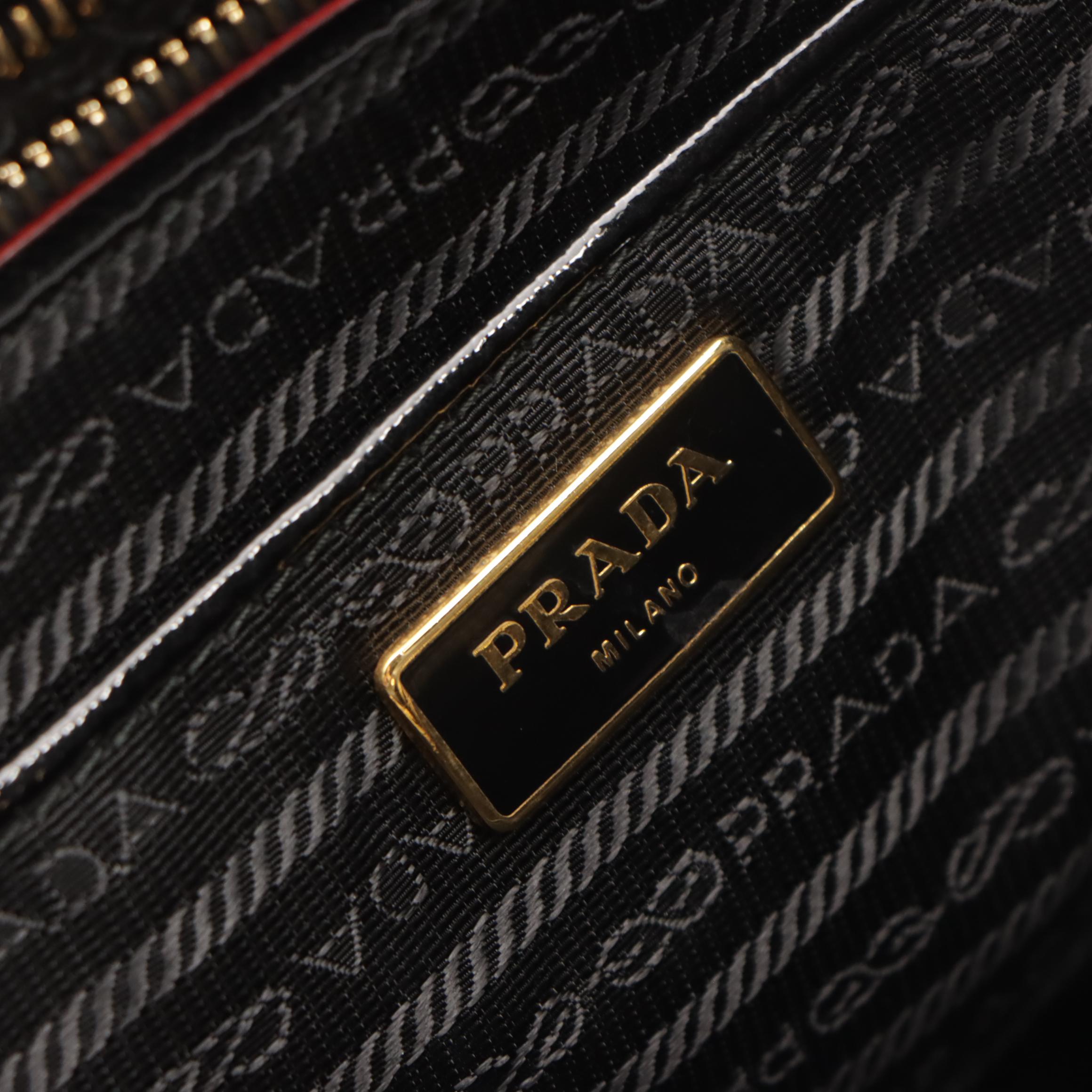 Prada Black Saffiano Patent Leather Two-Way Tote with Red Trim