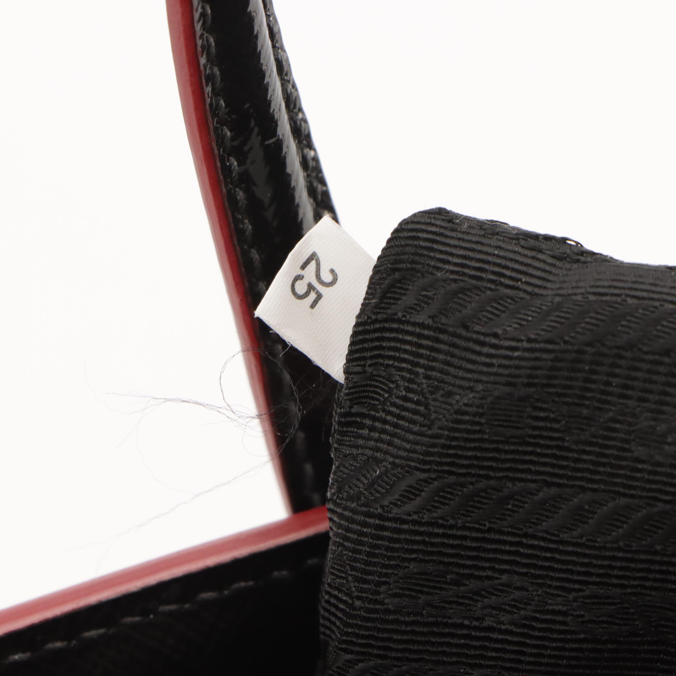 Prada Black Saffiano Patent Leather Two-Way Tote with Red Trim