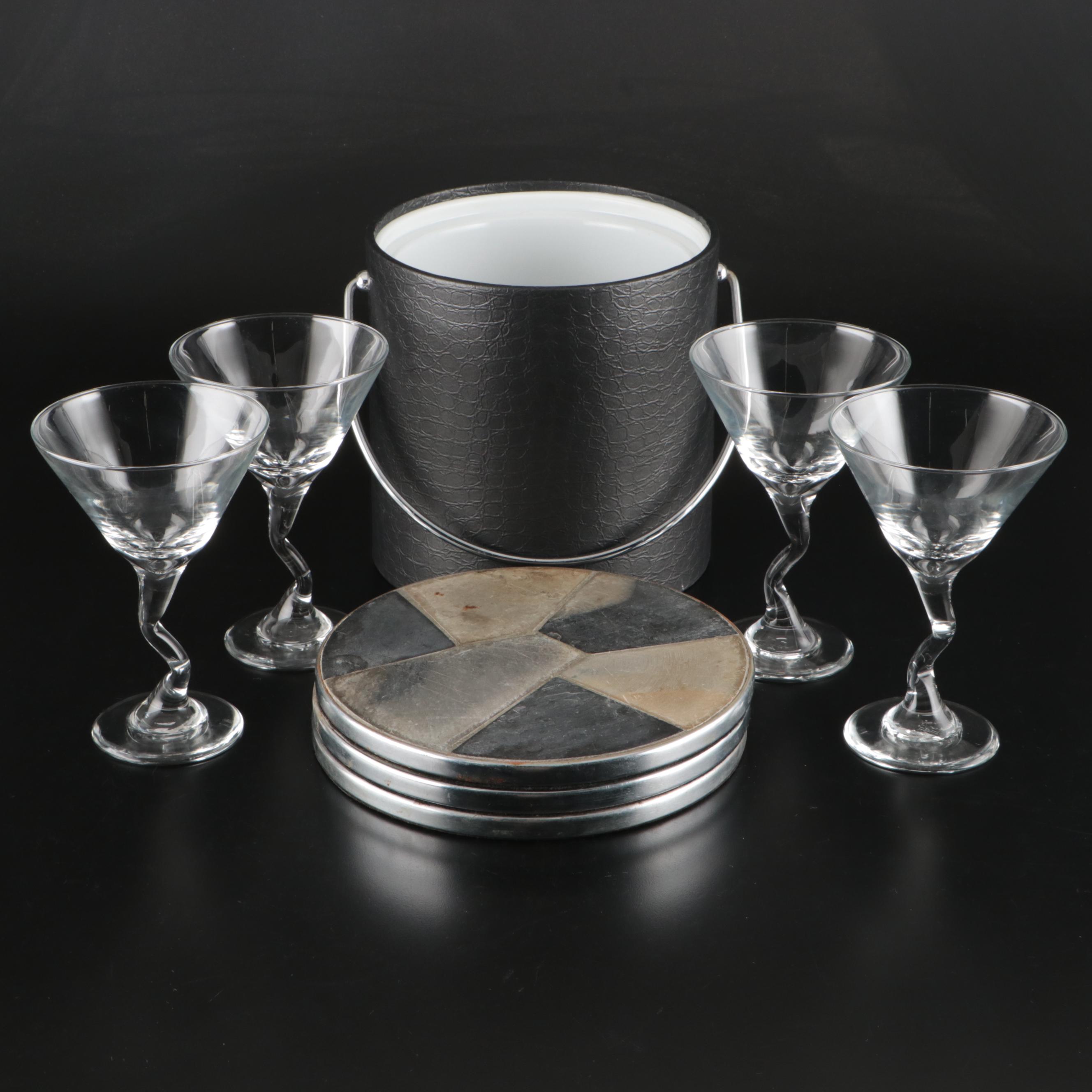 Libbey "Z Stem" Martini Glasses with Kraftware Ice Bucket and Bucket Coasters