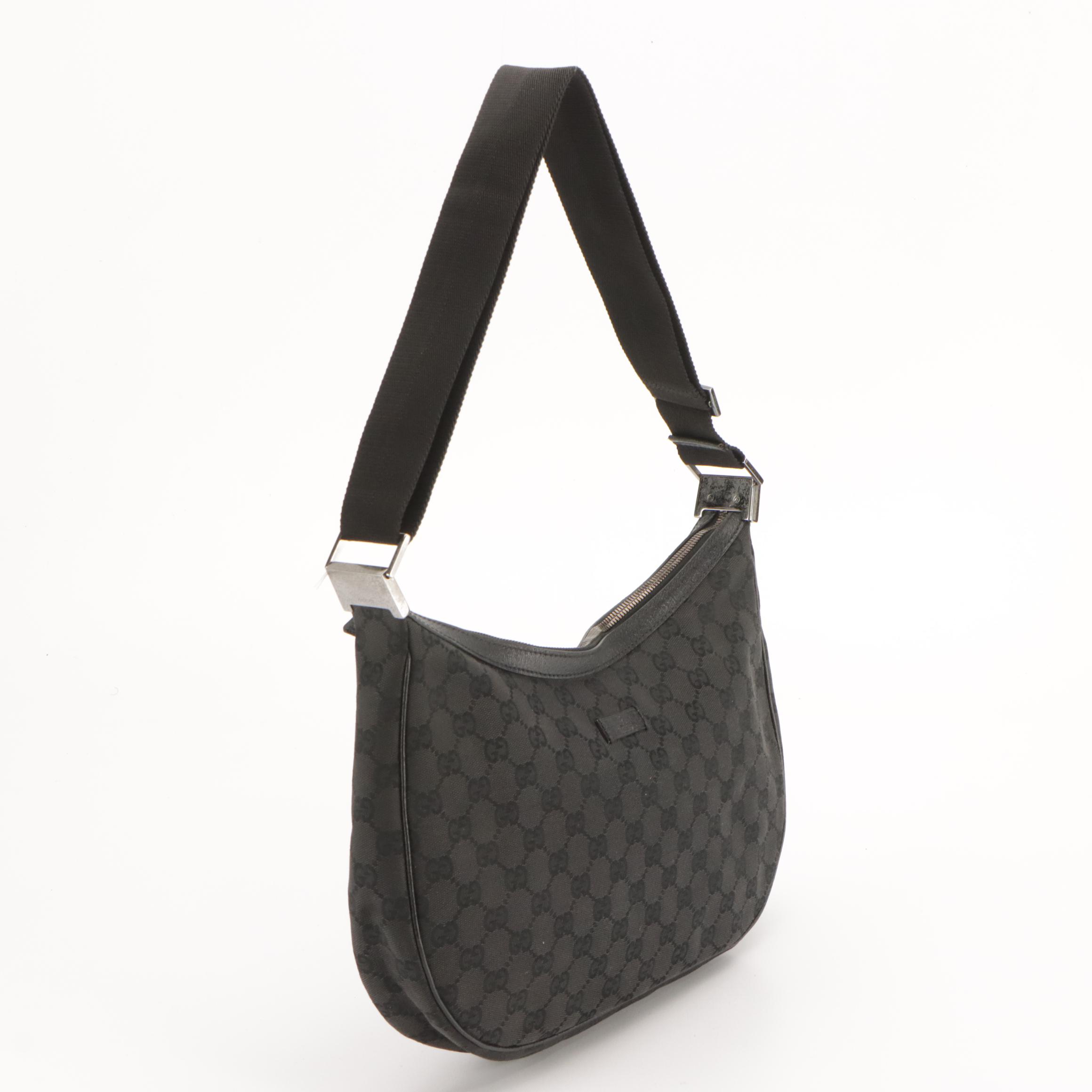 Gucci Black GG Canvas and Cinghiale Leather Zip Top Shoulder Bag