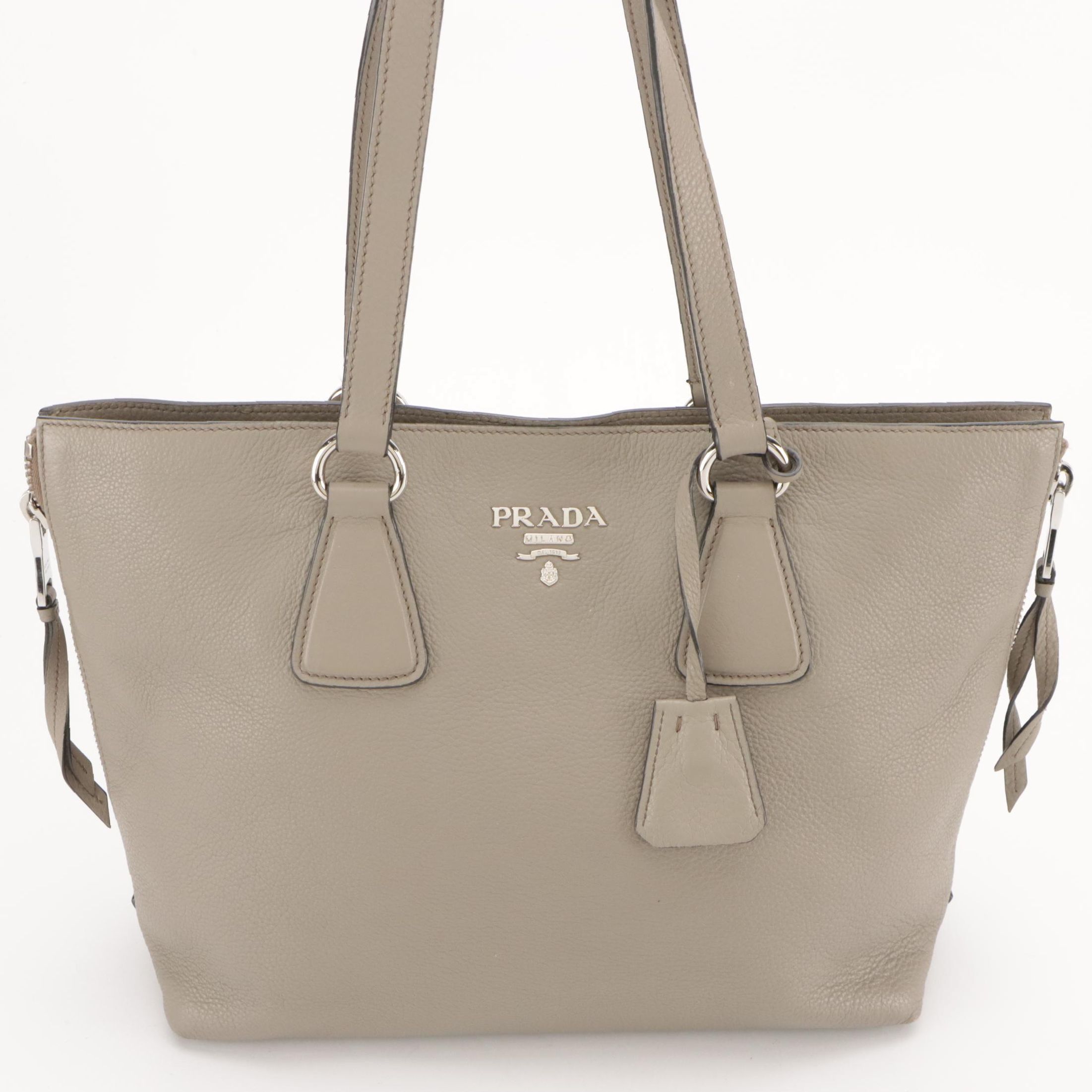 Prada Side-Zip Shoulder Bag in Pebble Grey Grained Leather