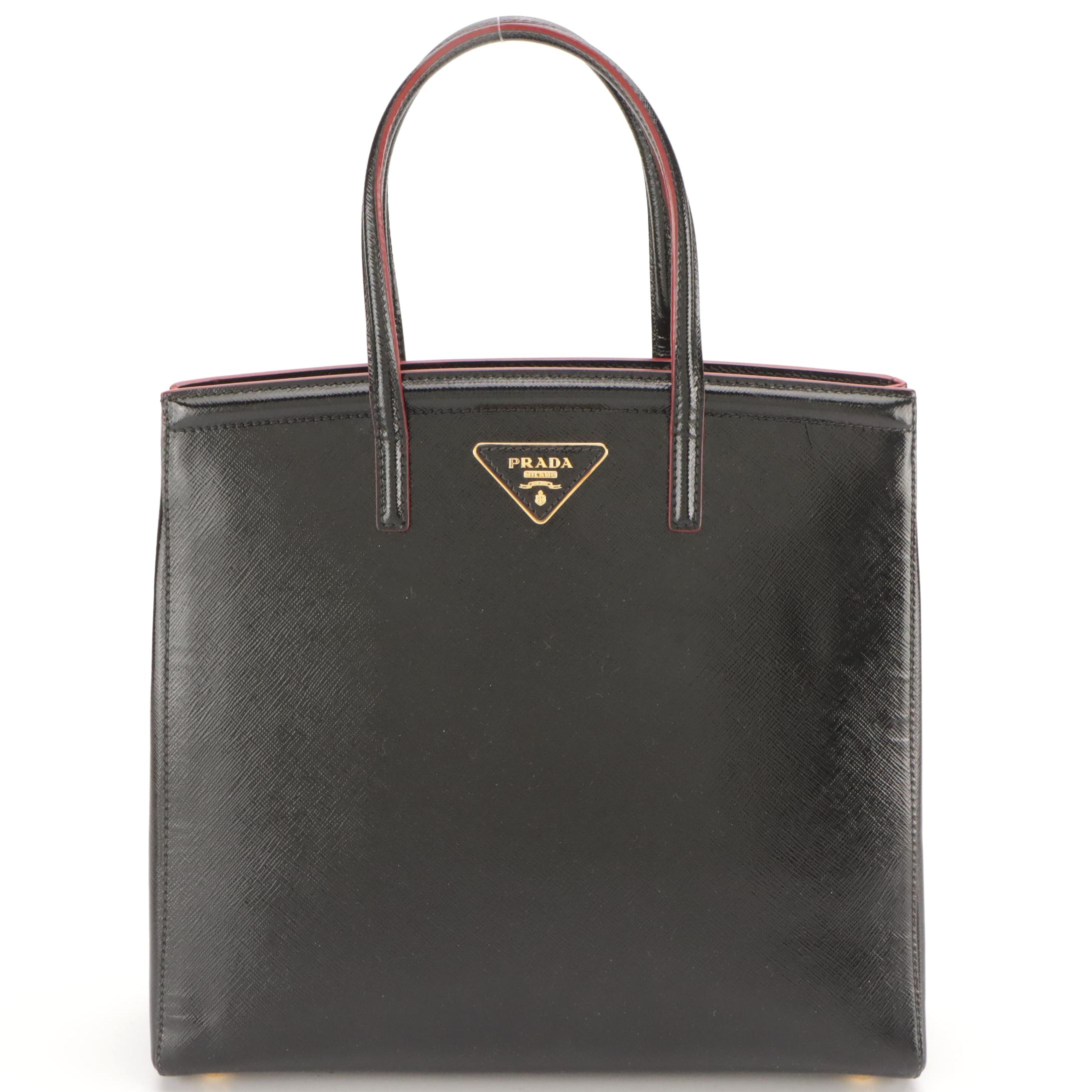 Prada Black Saffiano Patent Leather Two-Way Tote with Red Trim