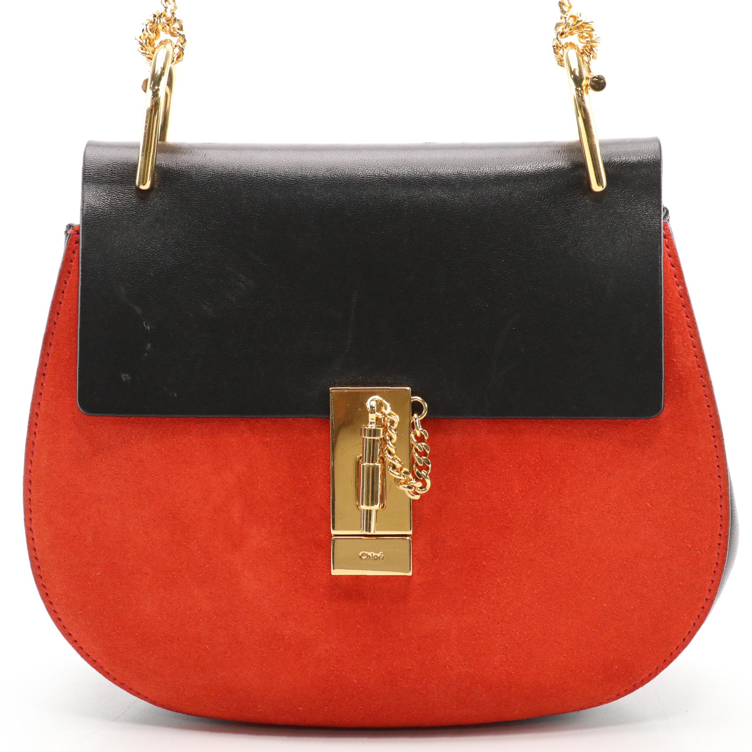 Chloé Drew Chain Strap Crossbody Bag in Black Calfskin Leather and Orange Suede