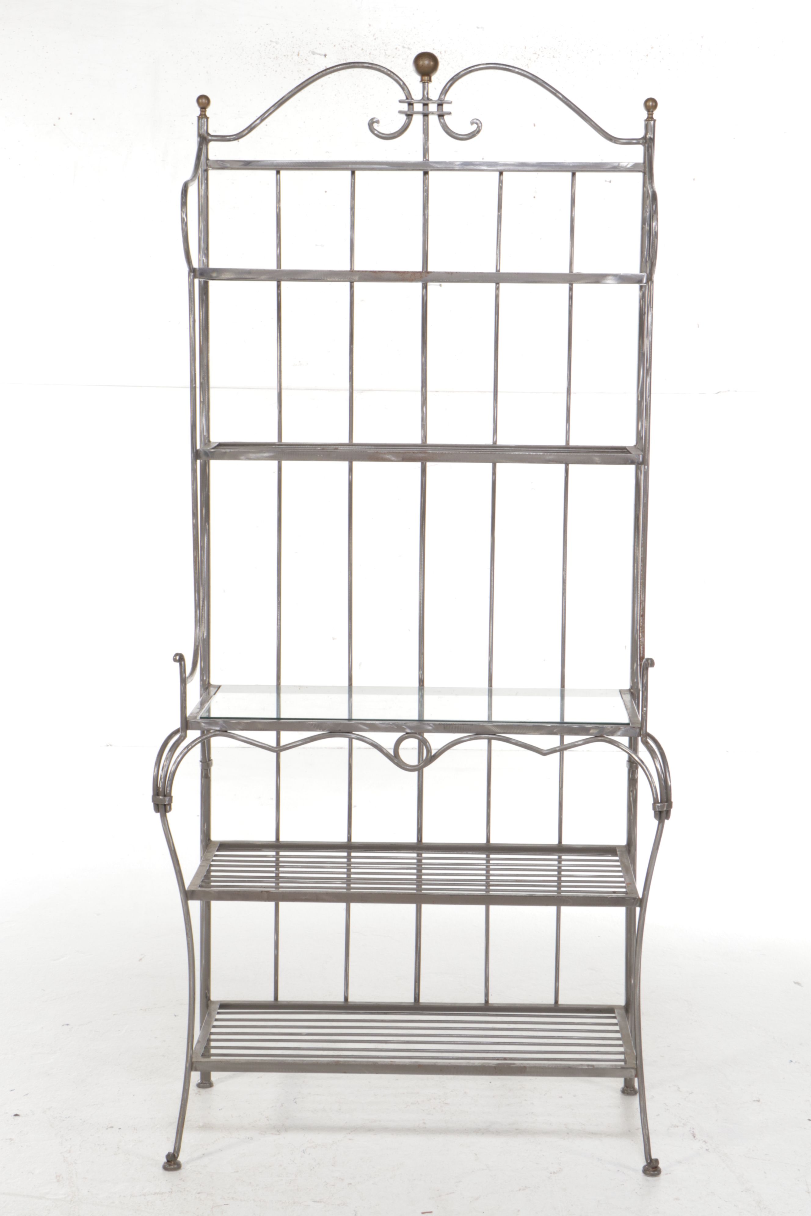 French Country Style Wrought Iron Baker's Rack with Glass Shelf