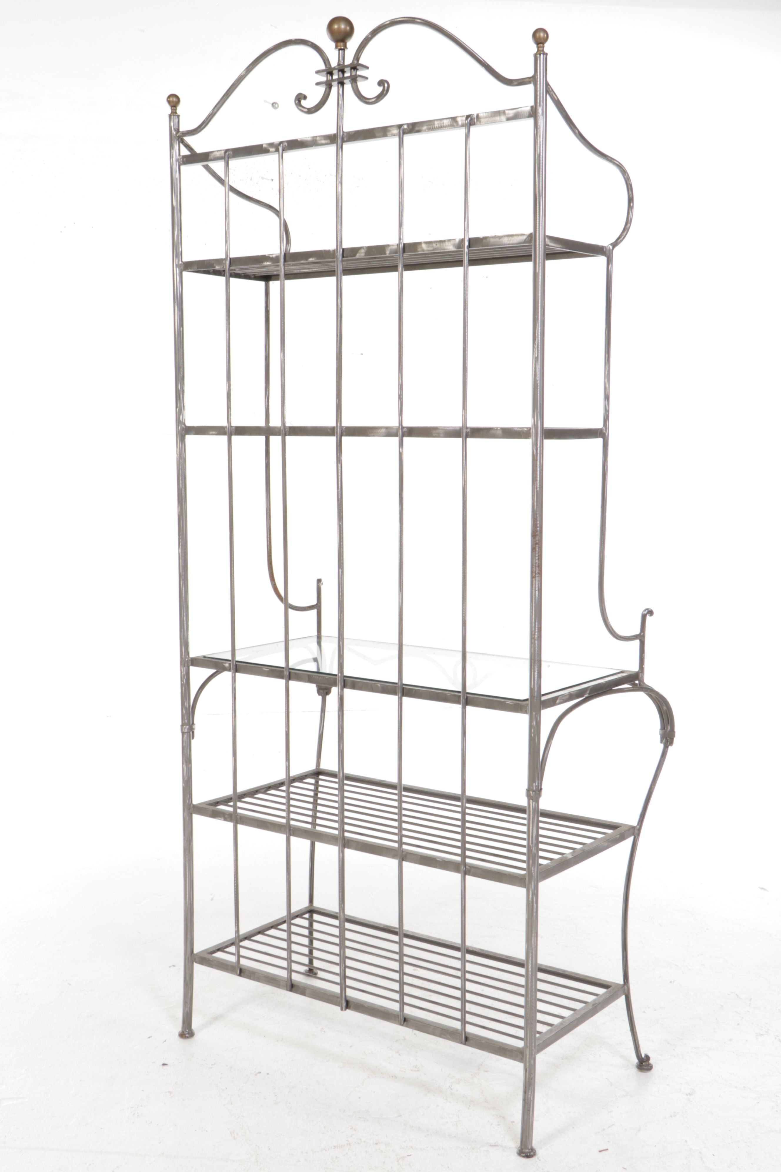 French Country Style Wrought Iron Baker's Rack with Glass Shelf