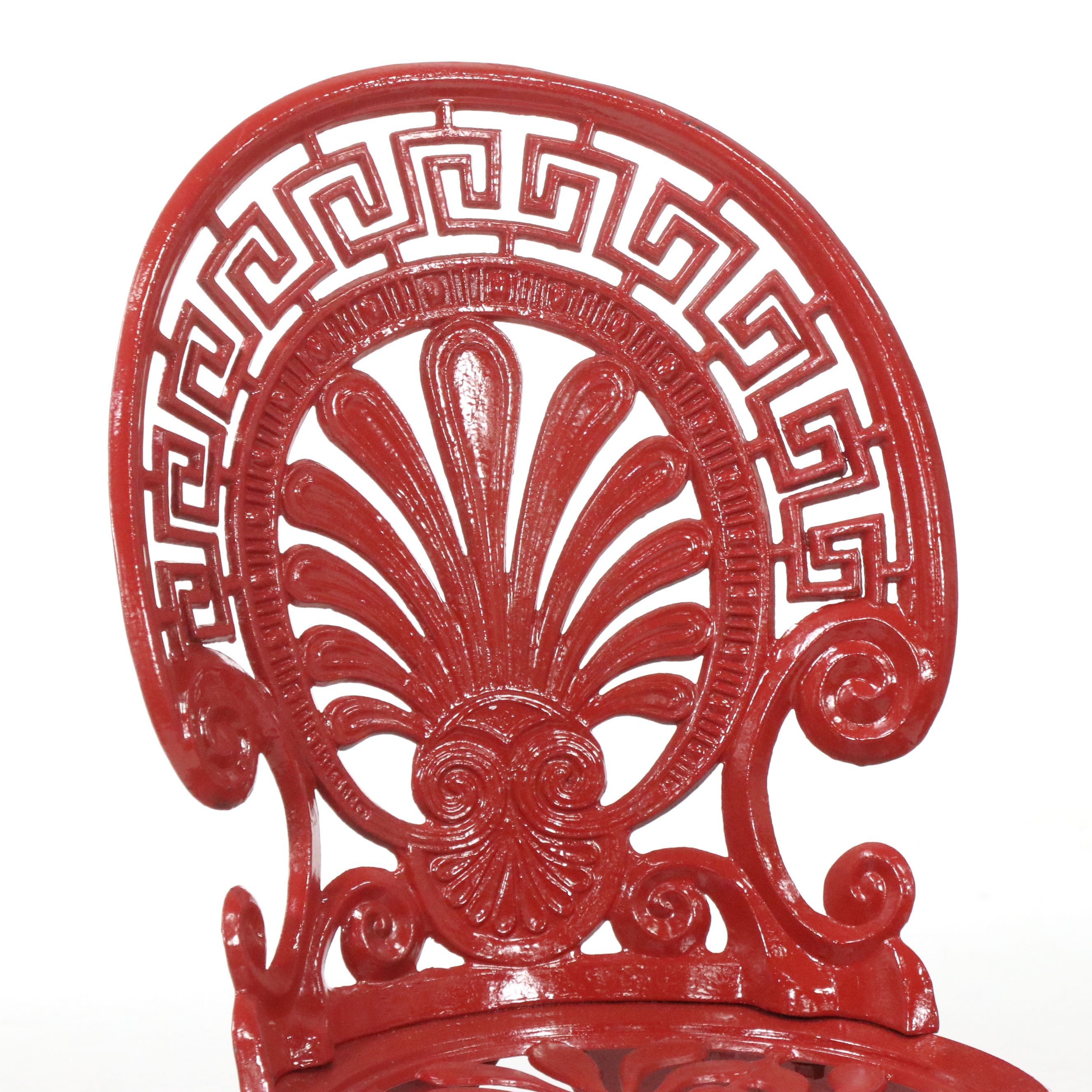 Pair of Victoria Style Greek Key Red Painted Cast Metal Garden Chairs