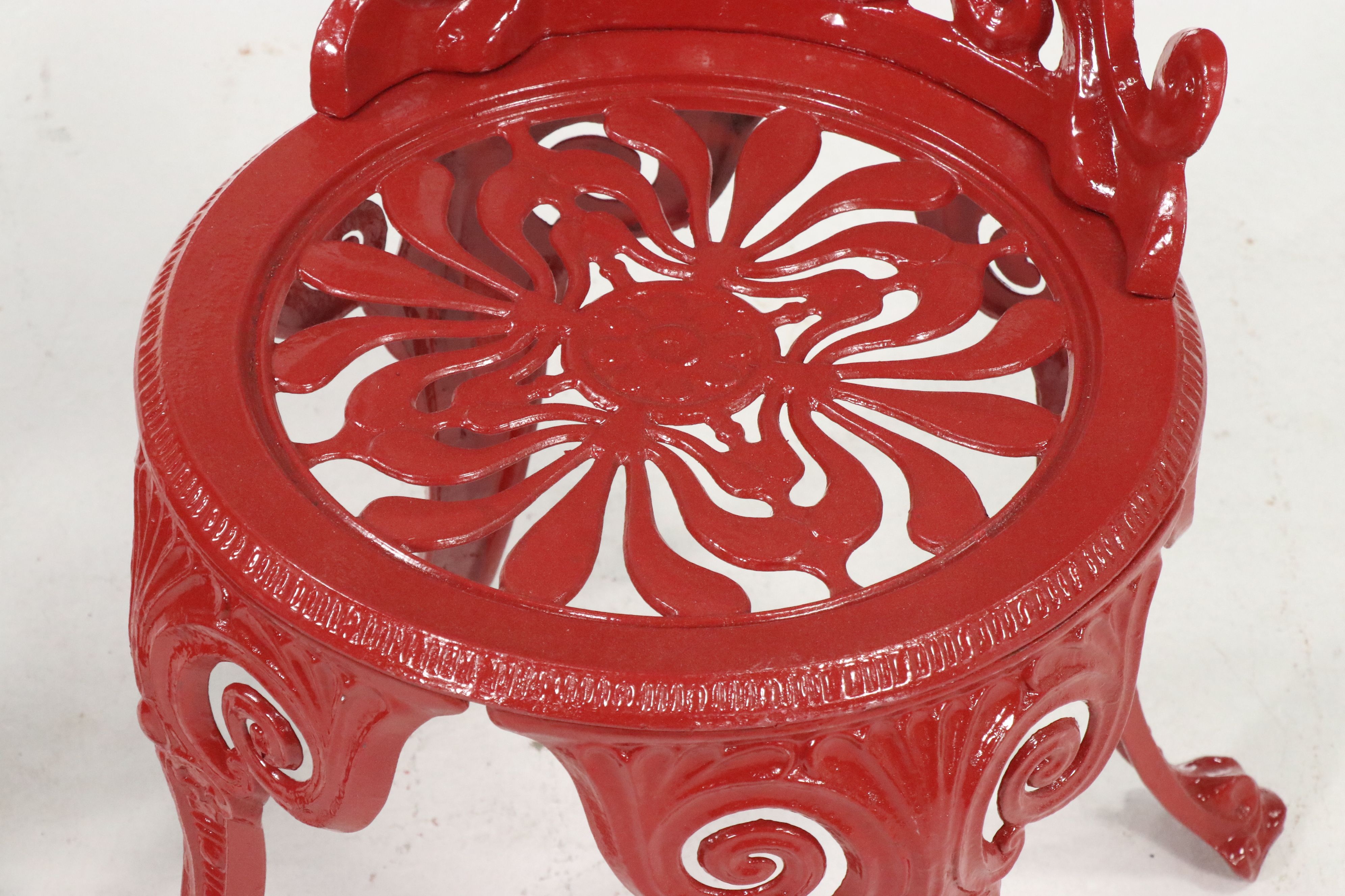 Pair of Victoria Style Greek Key Red Painted Cast Metal Garden Chairs