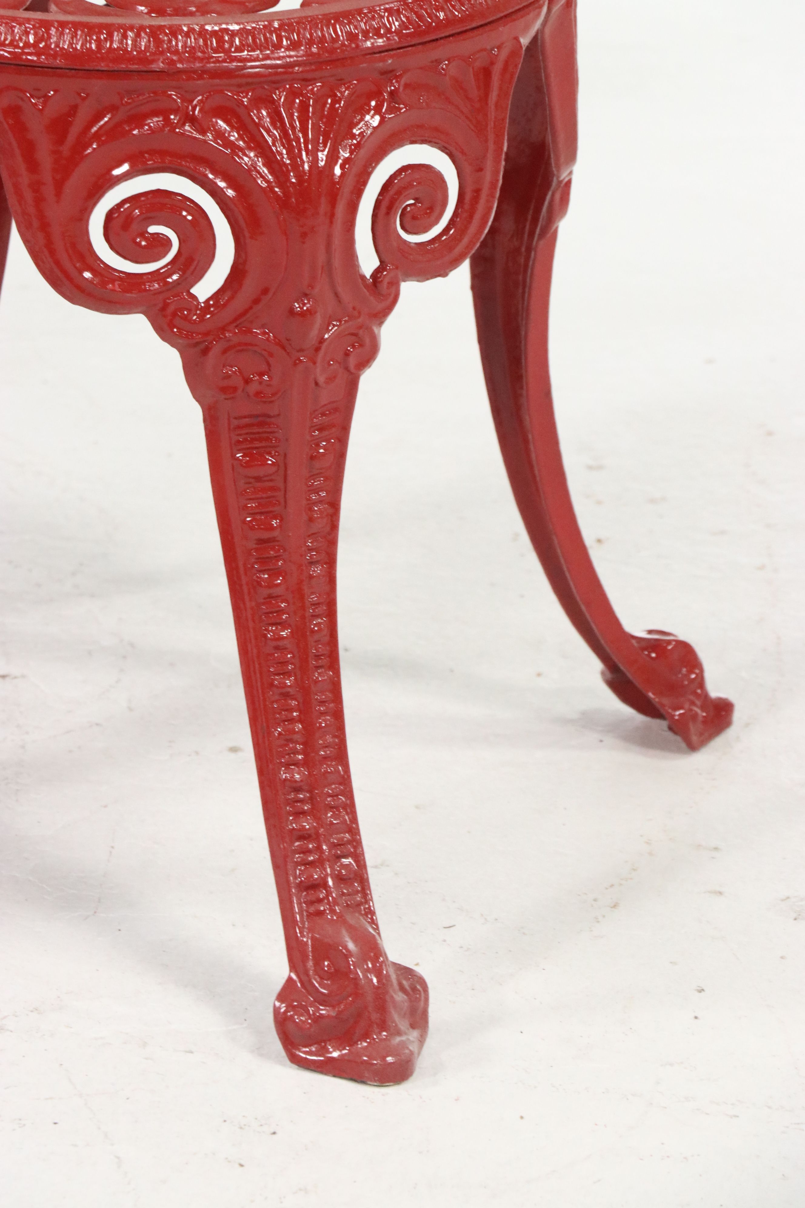 Pair of Victoria Style Greek Key Red Painted Cast Metal Garden Chairs