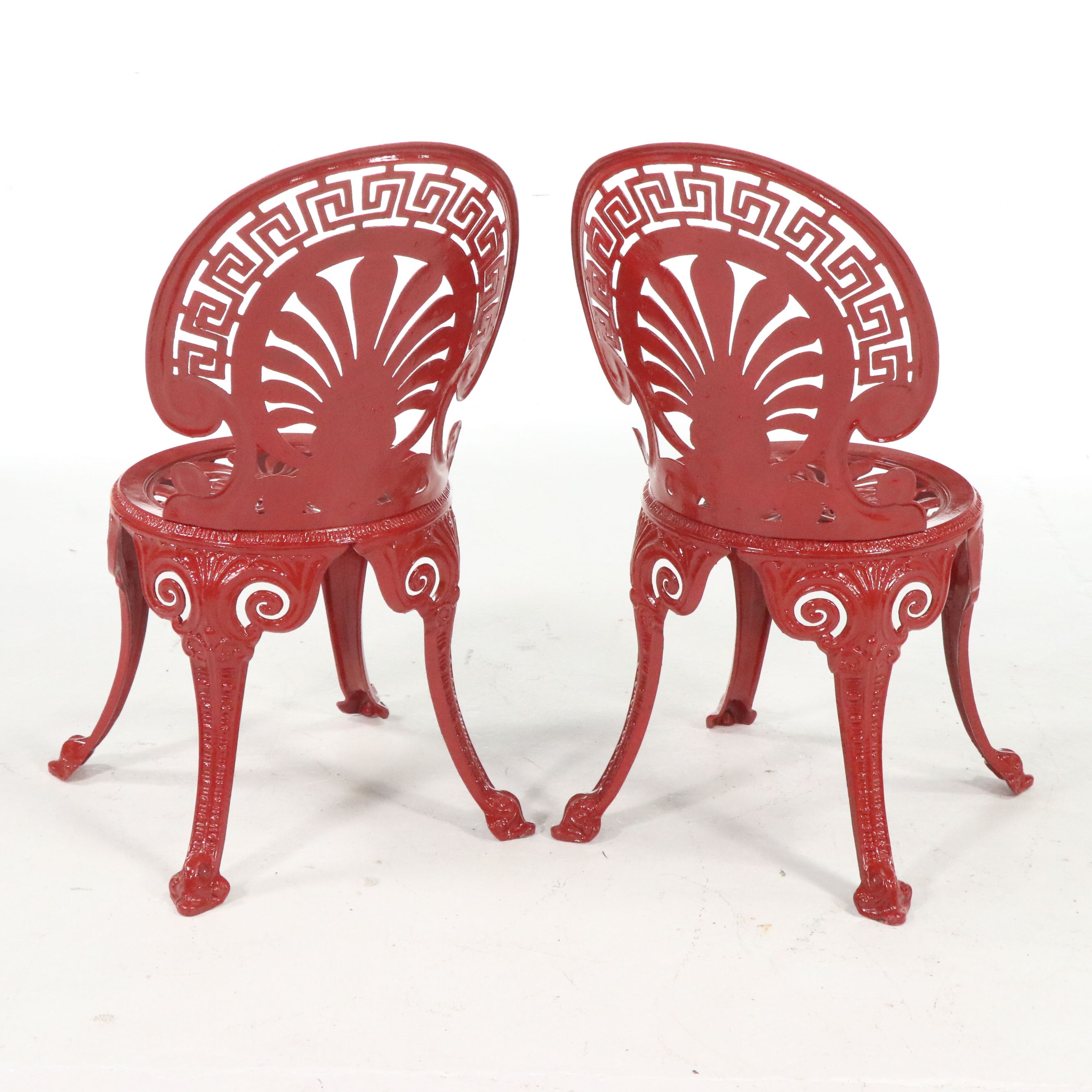 Pair of Victoria Style Greek Key Red Painted Cast Metal Garden Chairs