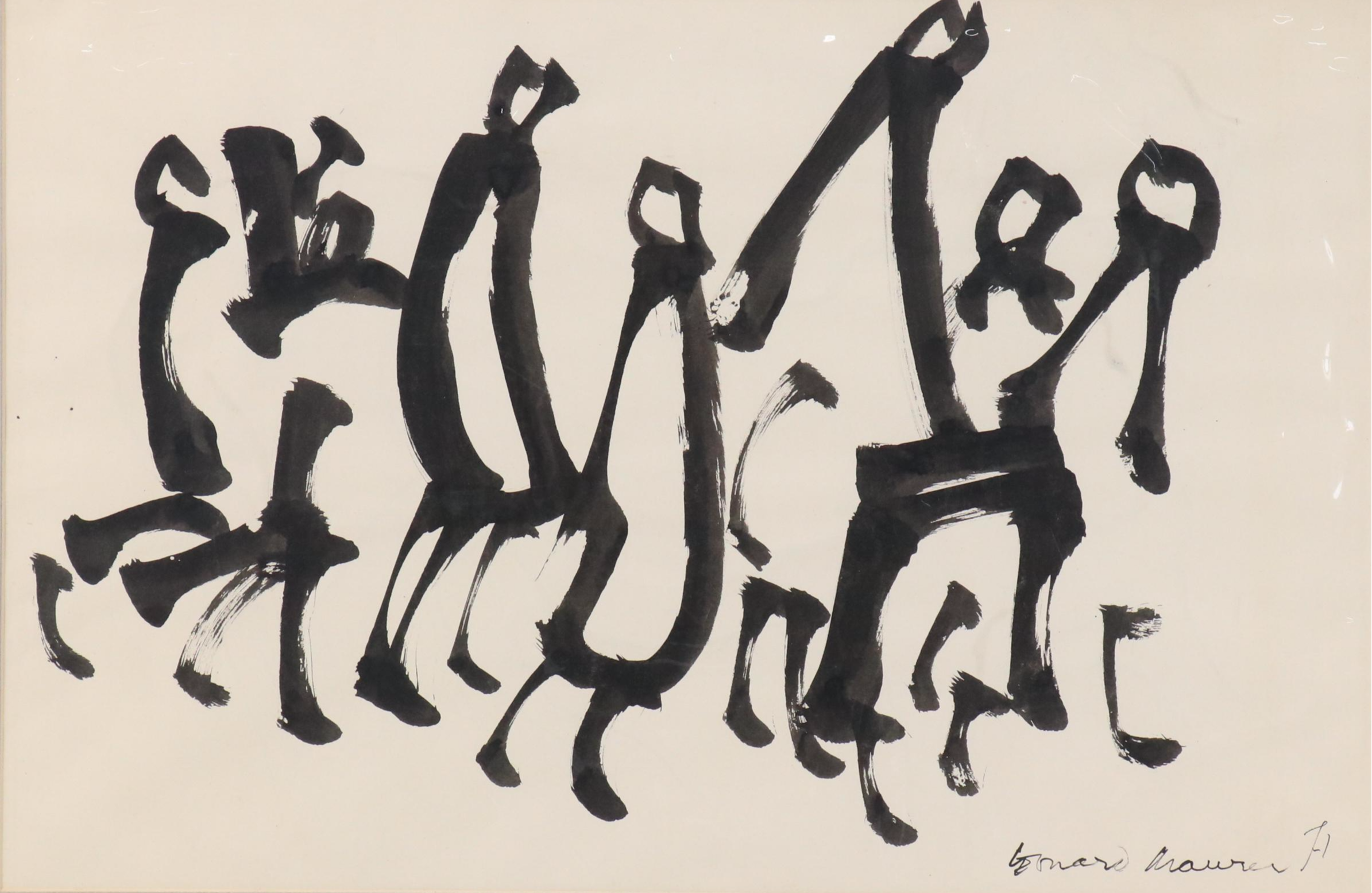 Leonard Maurer Figural Modern Ink Wash Painting "Family Stroll," 1971