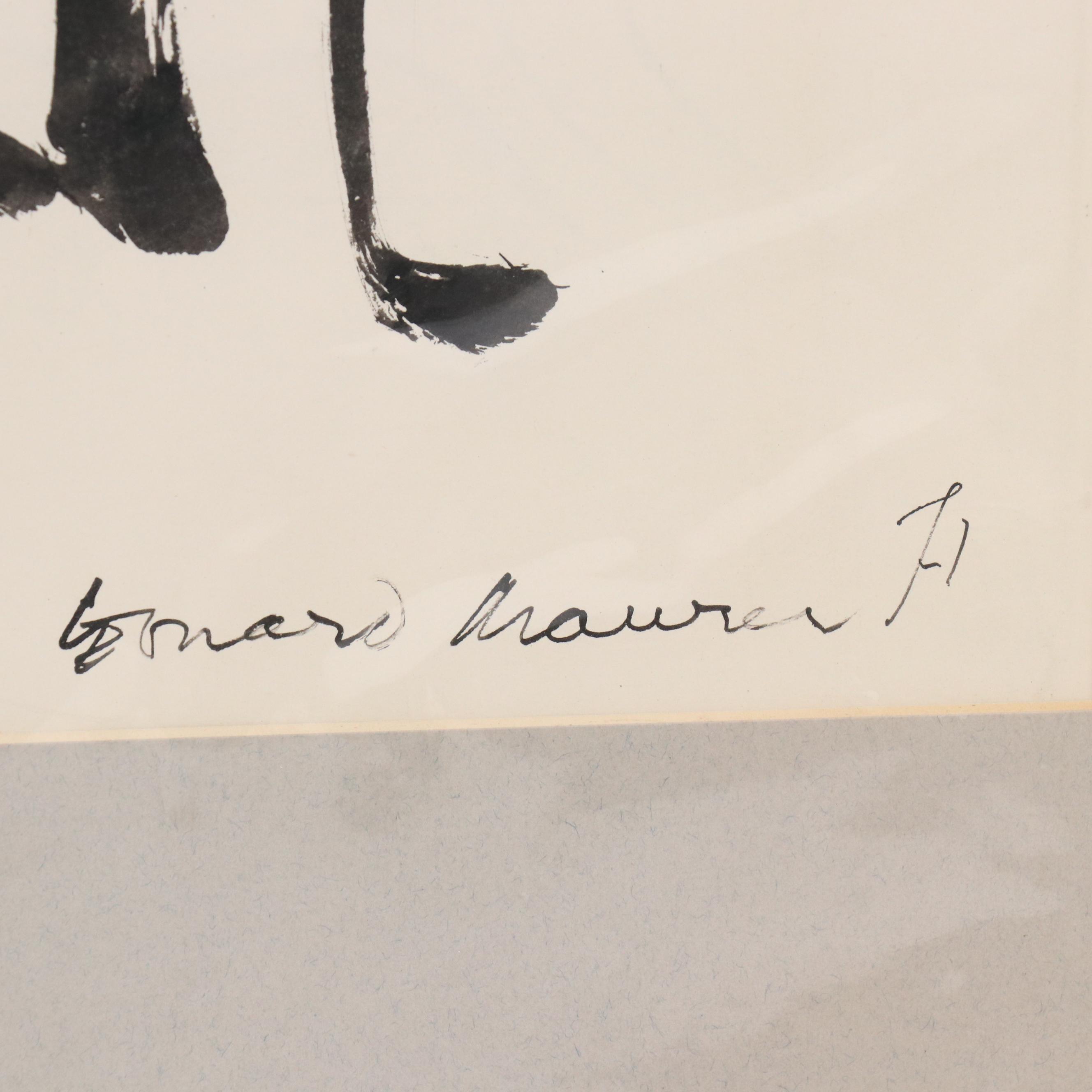 Leonard Maurer Figural Modern Ink Wash Painting "Family Stroll," 1971