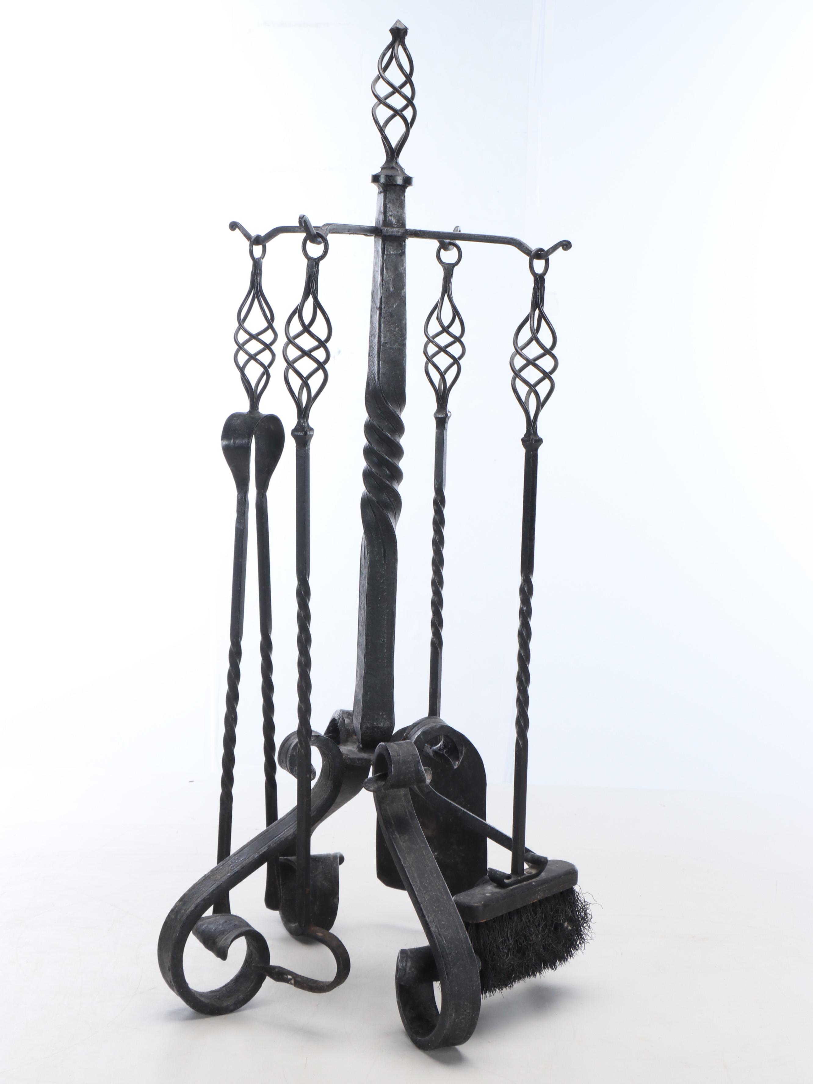 Twist and Scrolled Cast Iron Log Holder, Fireplace Tool Set, Grill and Andiron