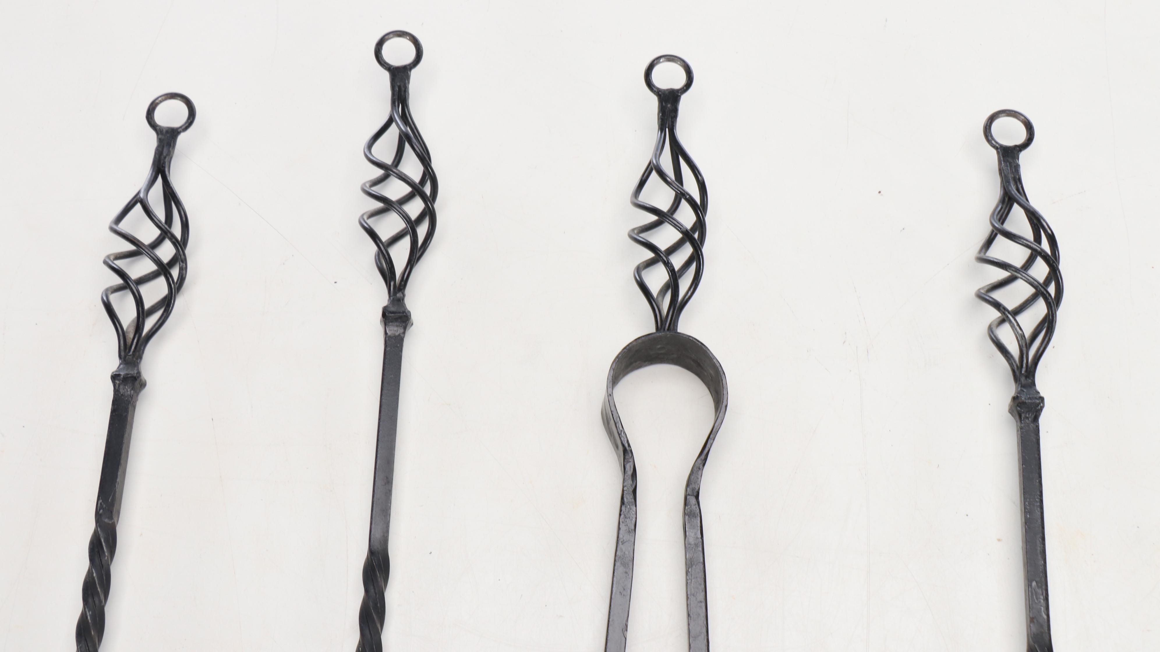 Twist and Scrolled Cast Iron Log Holder, Fireplace Tool Set, Grill and Andiron