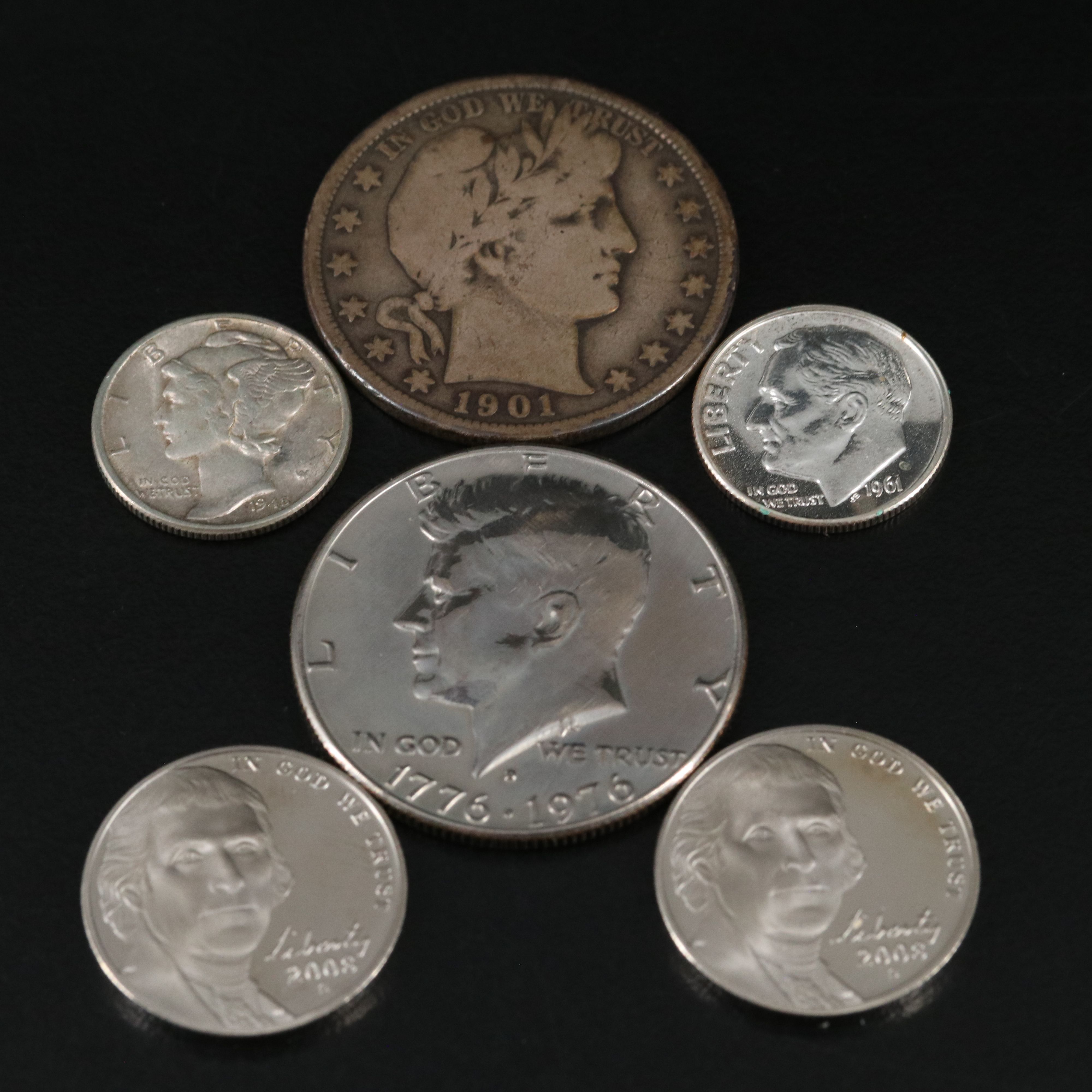Six  Silver and Copper-Nickel U.S. Coins with a 1901 Barber Half Dollar