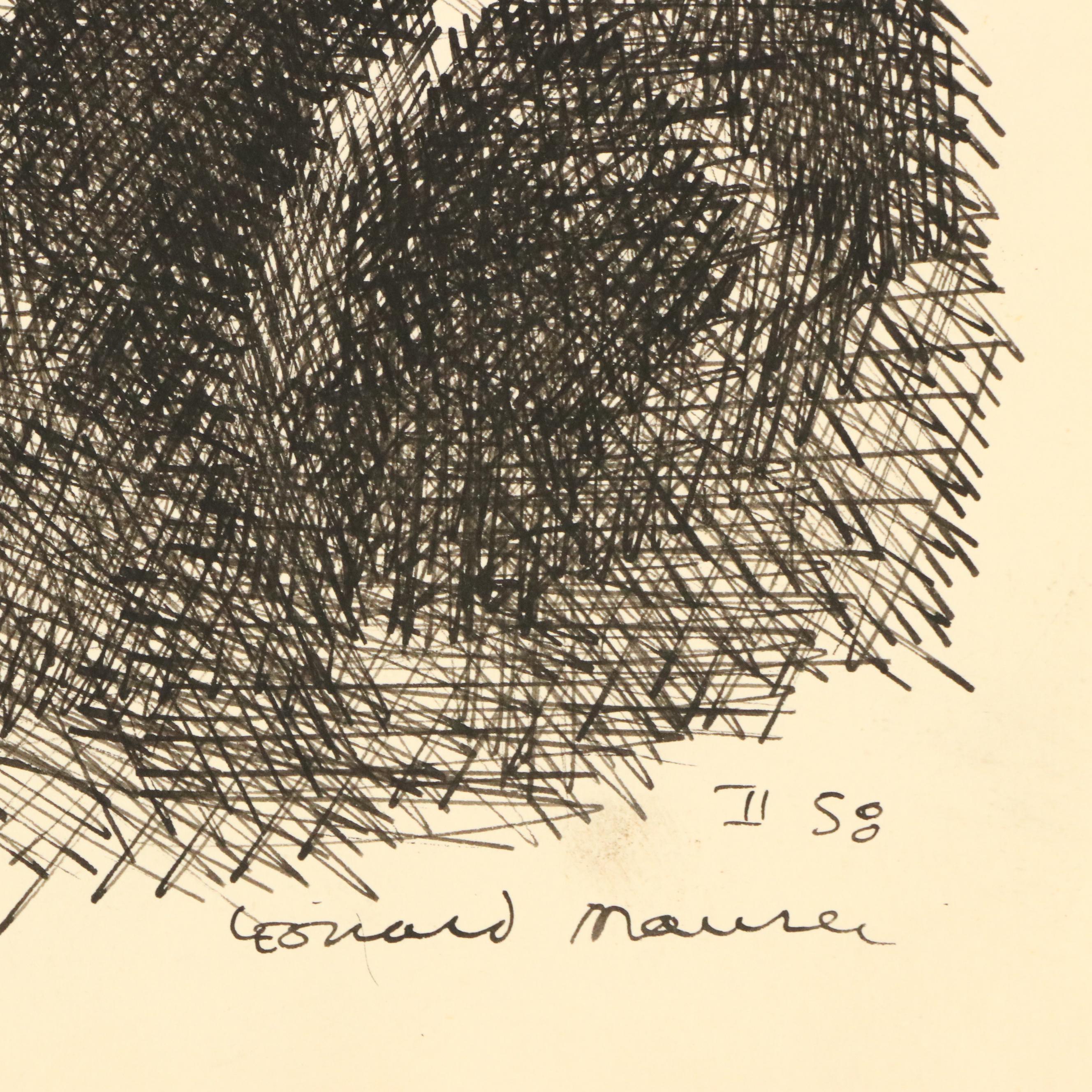 Leonard Maurer Abstract Modern Ink Drawing, 1958