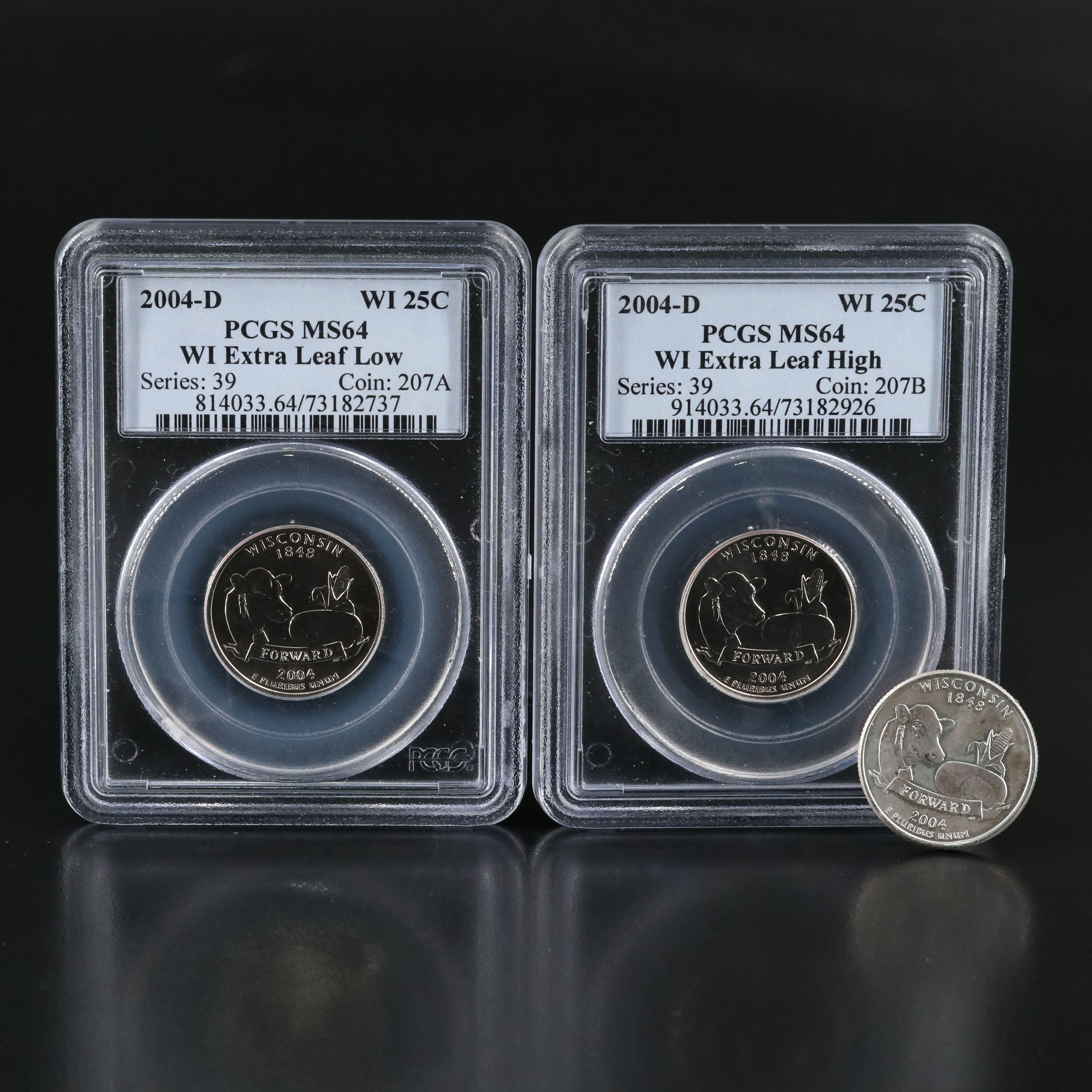 Two PCGS Graded MS64 2004-D Wisconsin Statehood Quarters, Extra Leaf Varieties