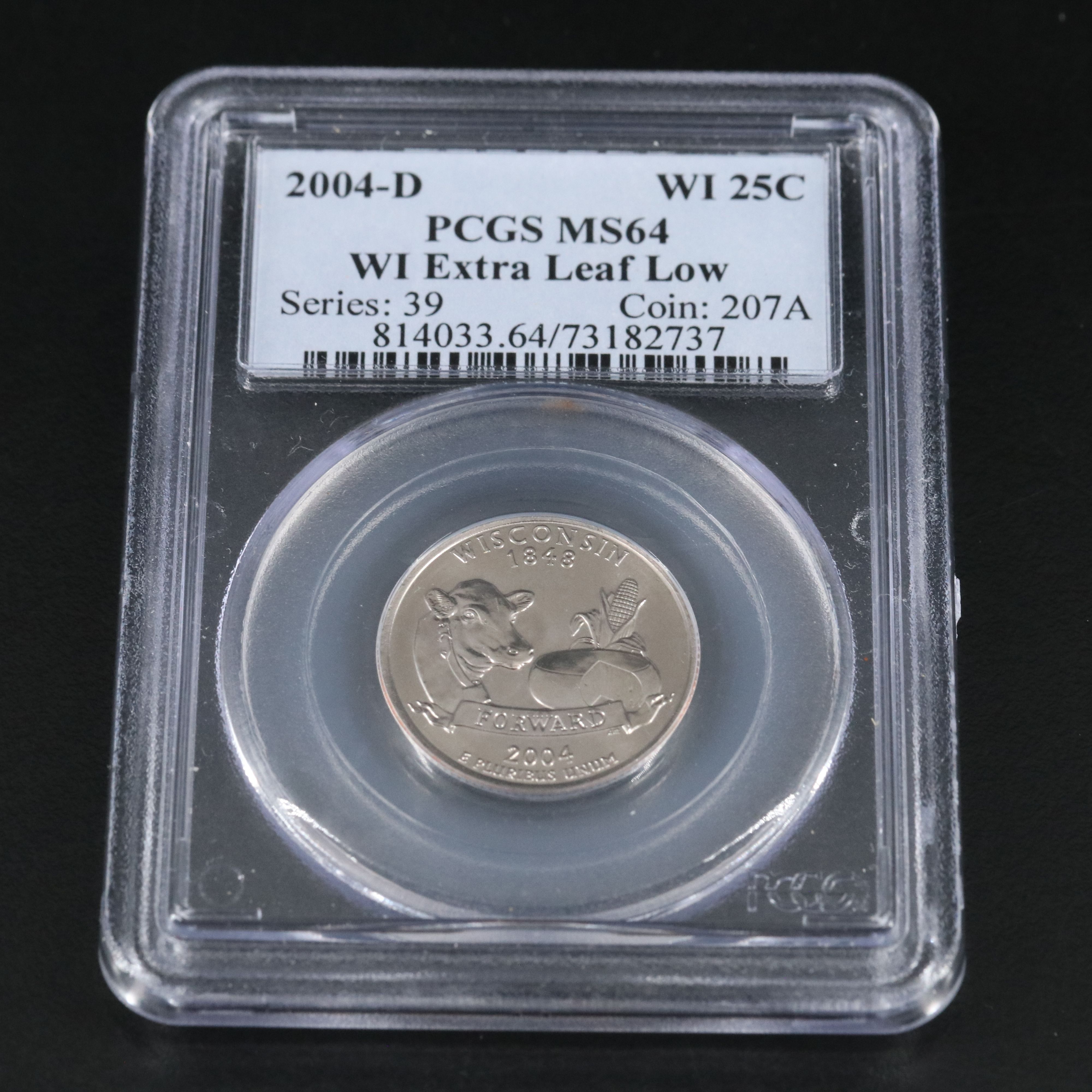 Two PCGS Graded MS64 2004-D Wisconsin Statehood Quarters, Extra Leaf Varieties