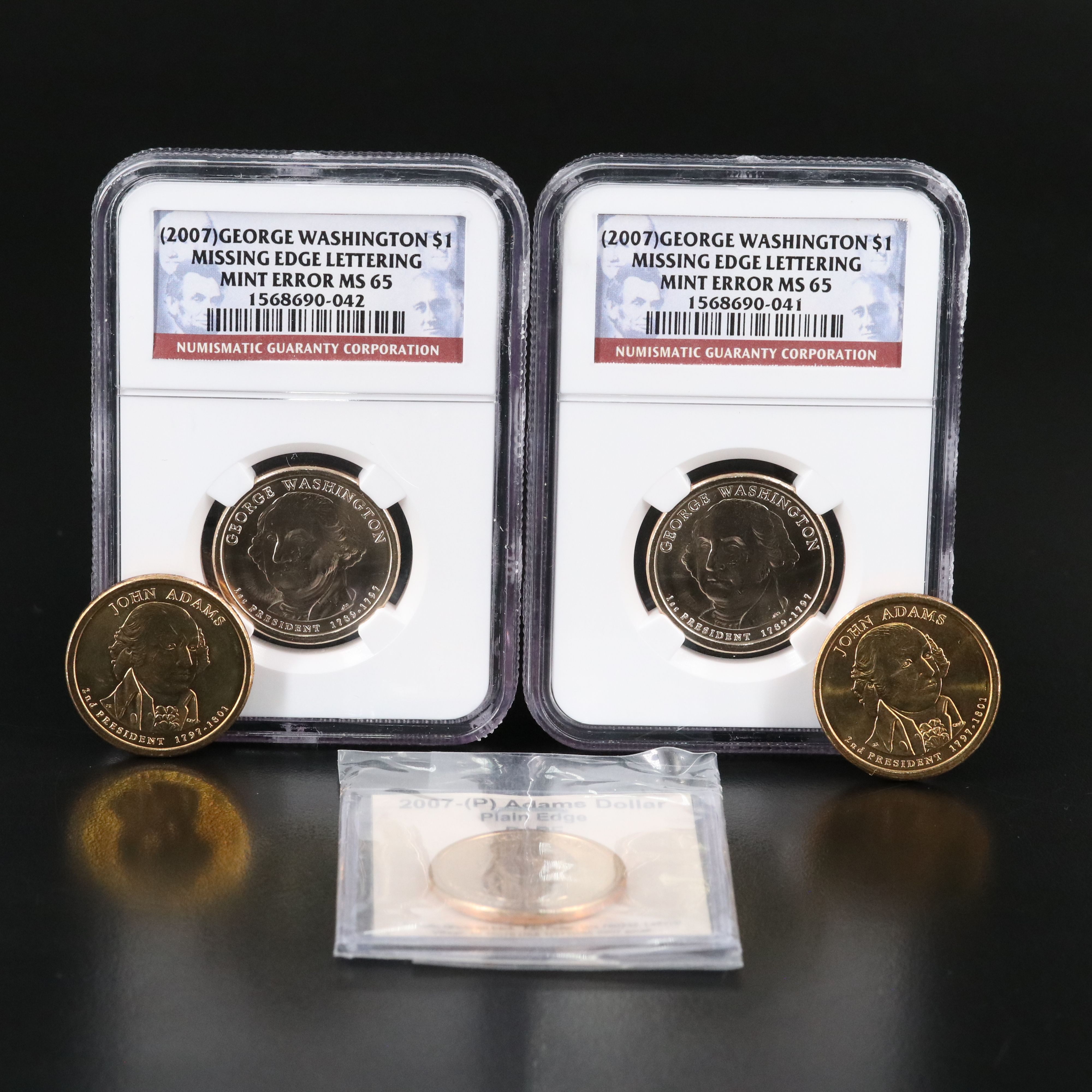 Five 2007 Presidential Dollars with Edge Lettering Errors, Washington and Adams