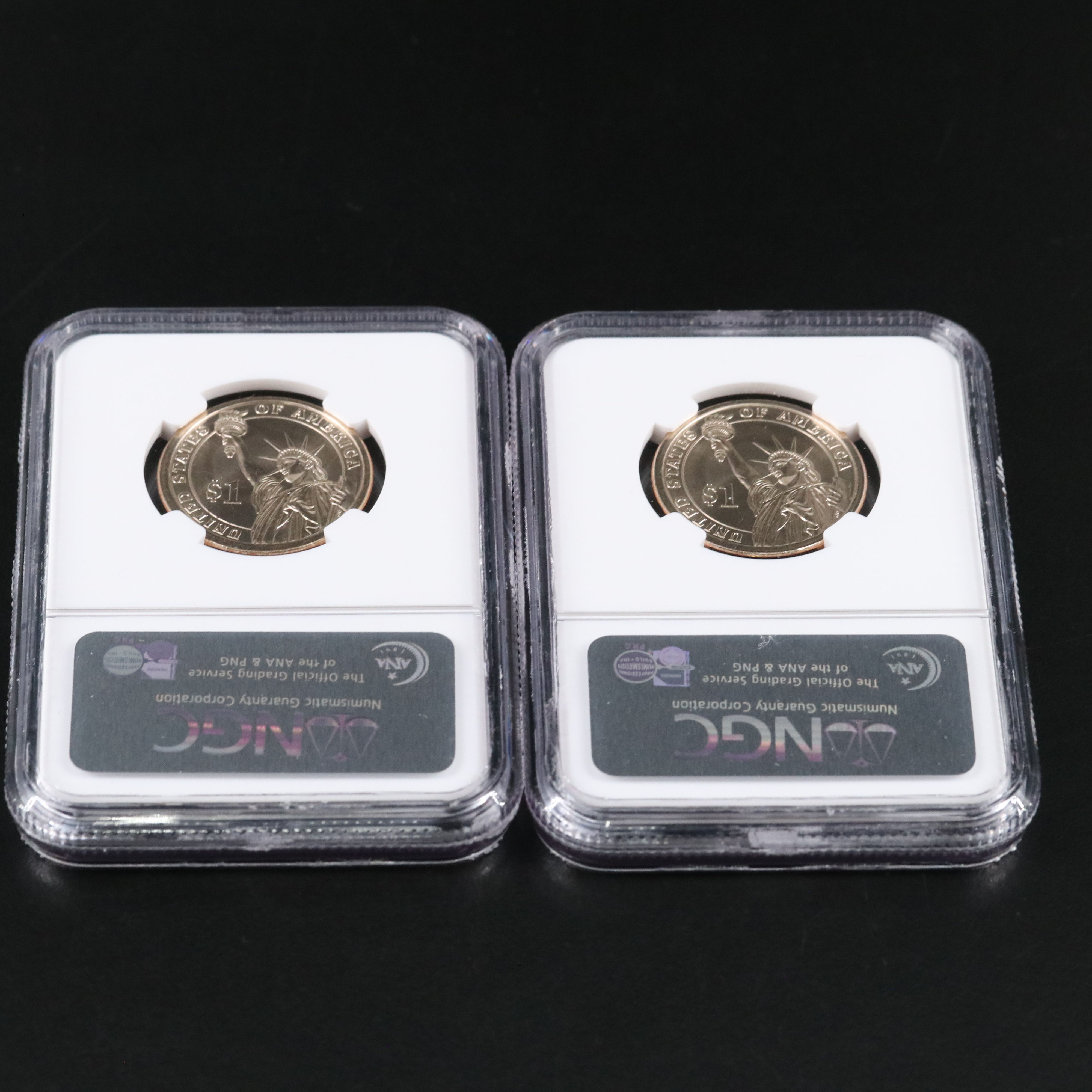 Five 2007 Presidential Dollars with Edge Lettering Errors, Washington and Adams