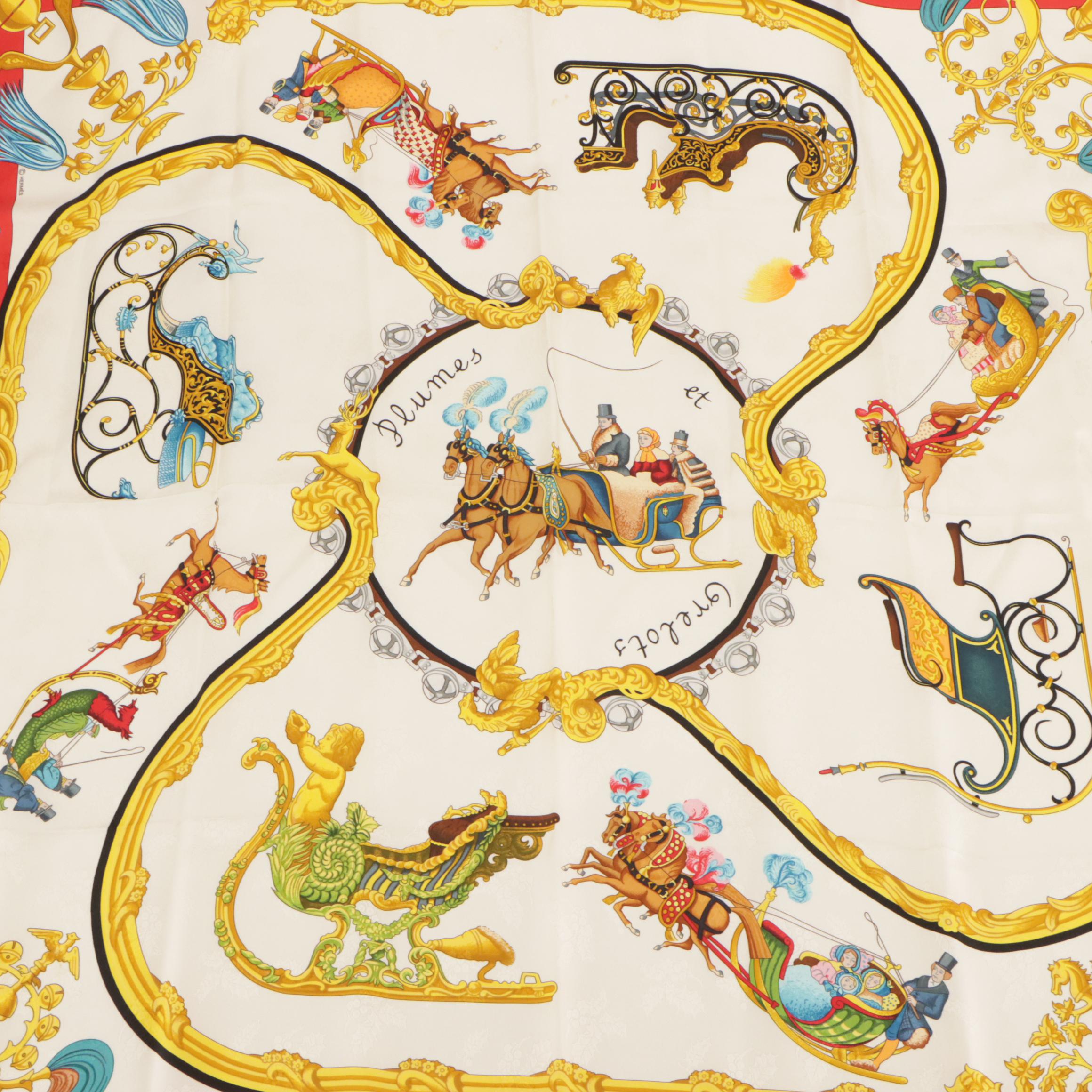 Hermès "Plumes et Grelots" Scarf 90 in Holly Silk Jacquard