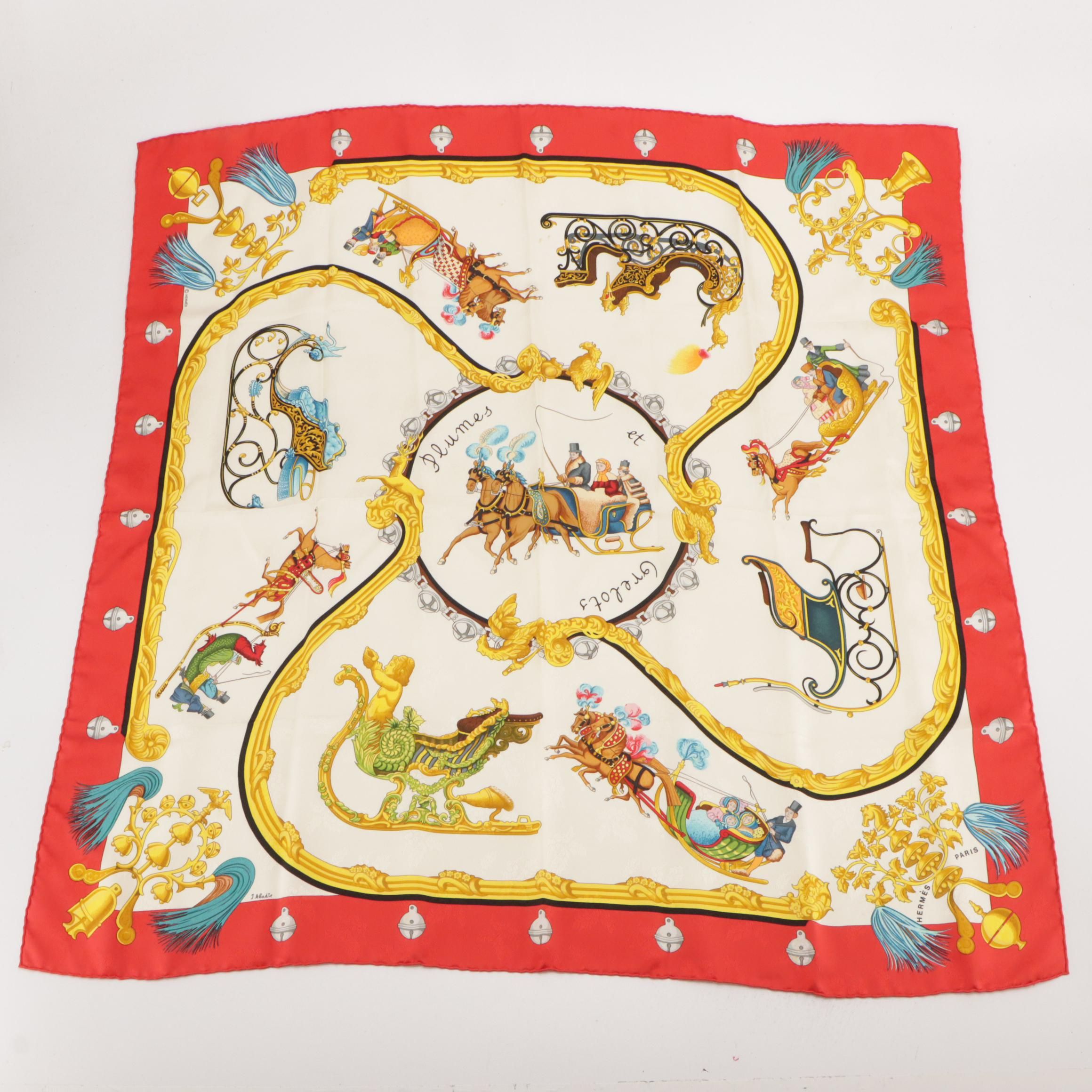 Hermès "Plumes et Grelots" Scarf 90 in Holly Silk Jacquard