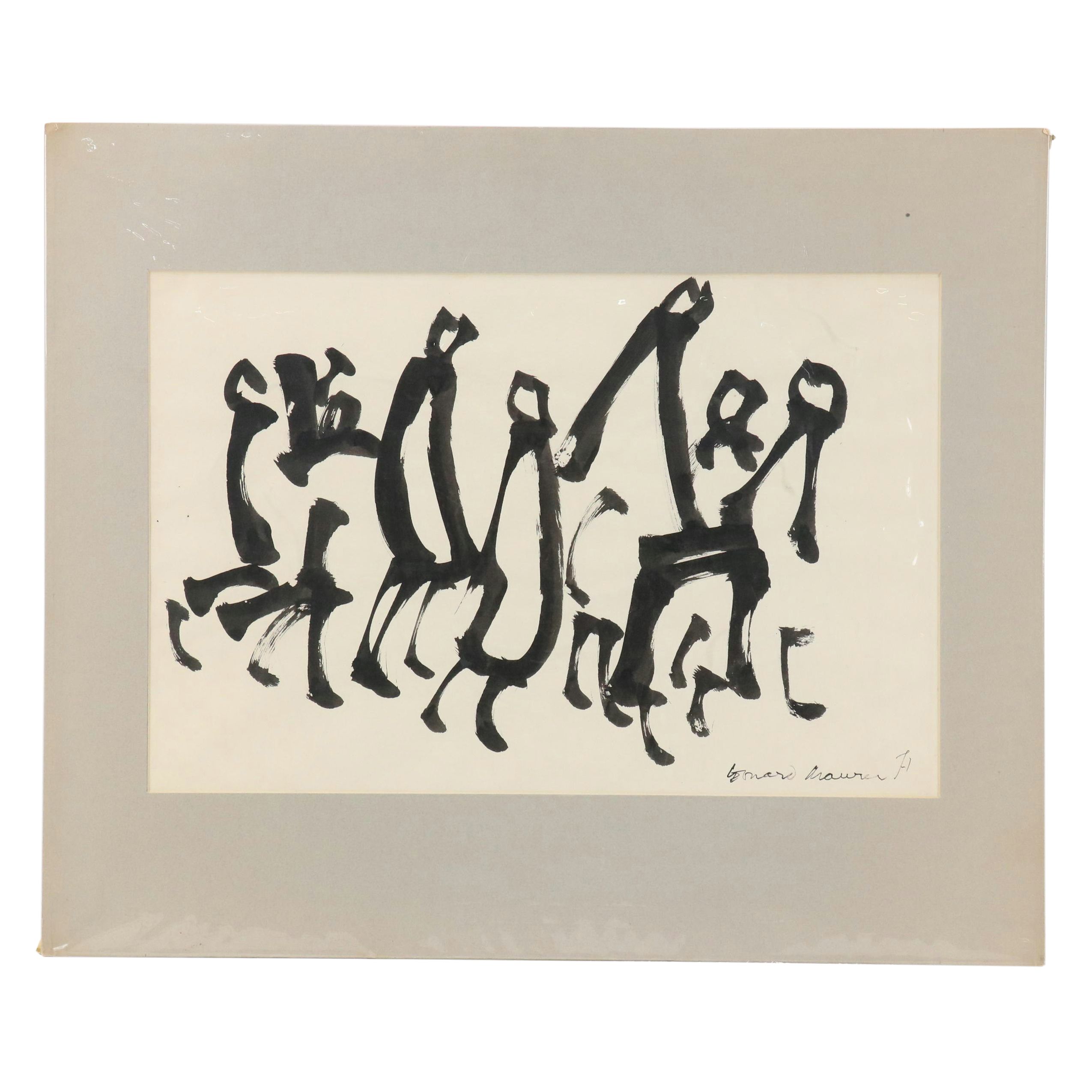 Leonard Maurer Figural Modern Ink Wash Painting "Family Stroll," 1971