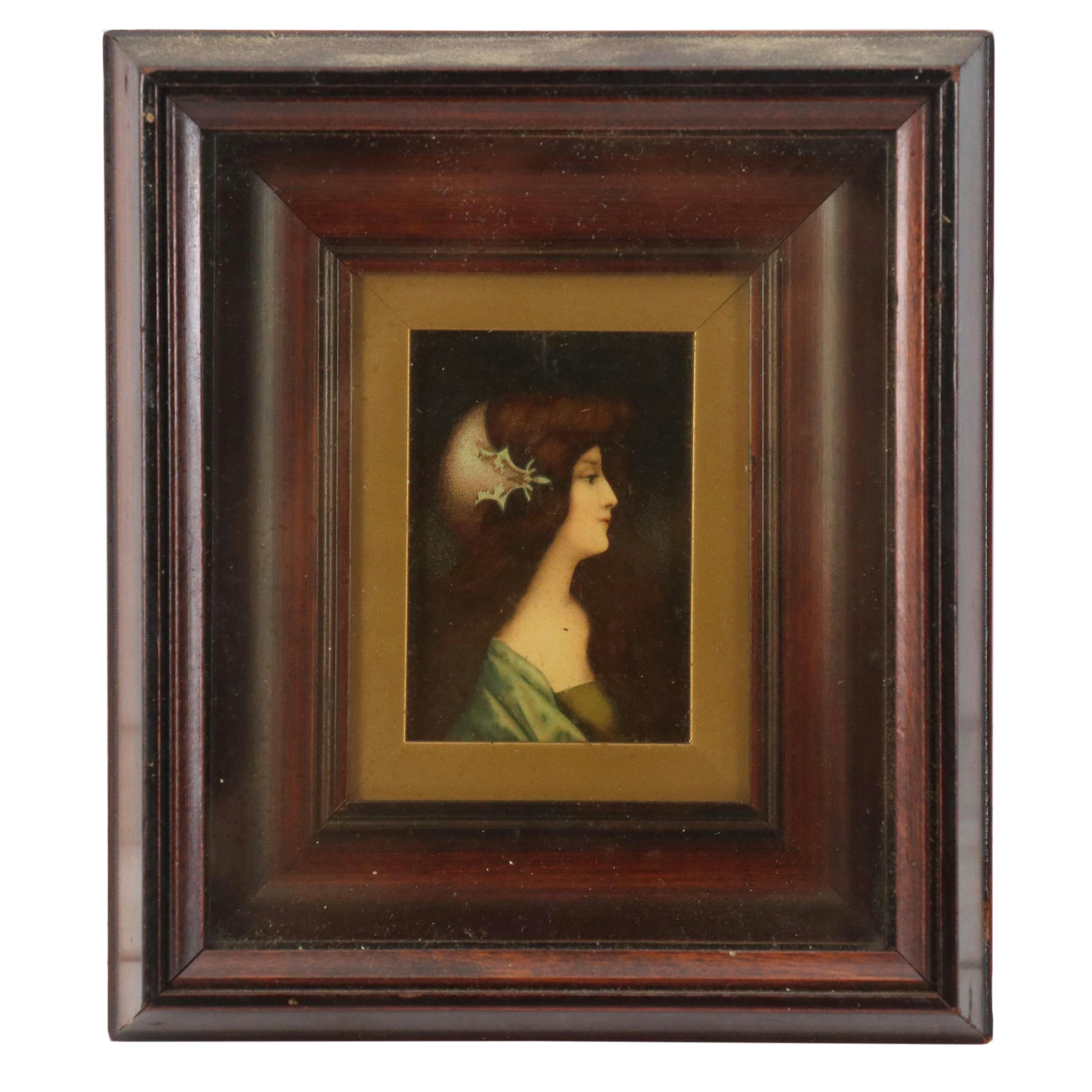 Miniature Embellished Chromolithograph of Woman in Green