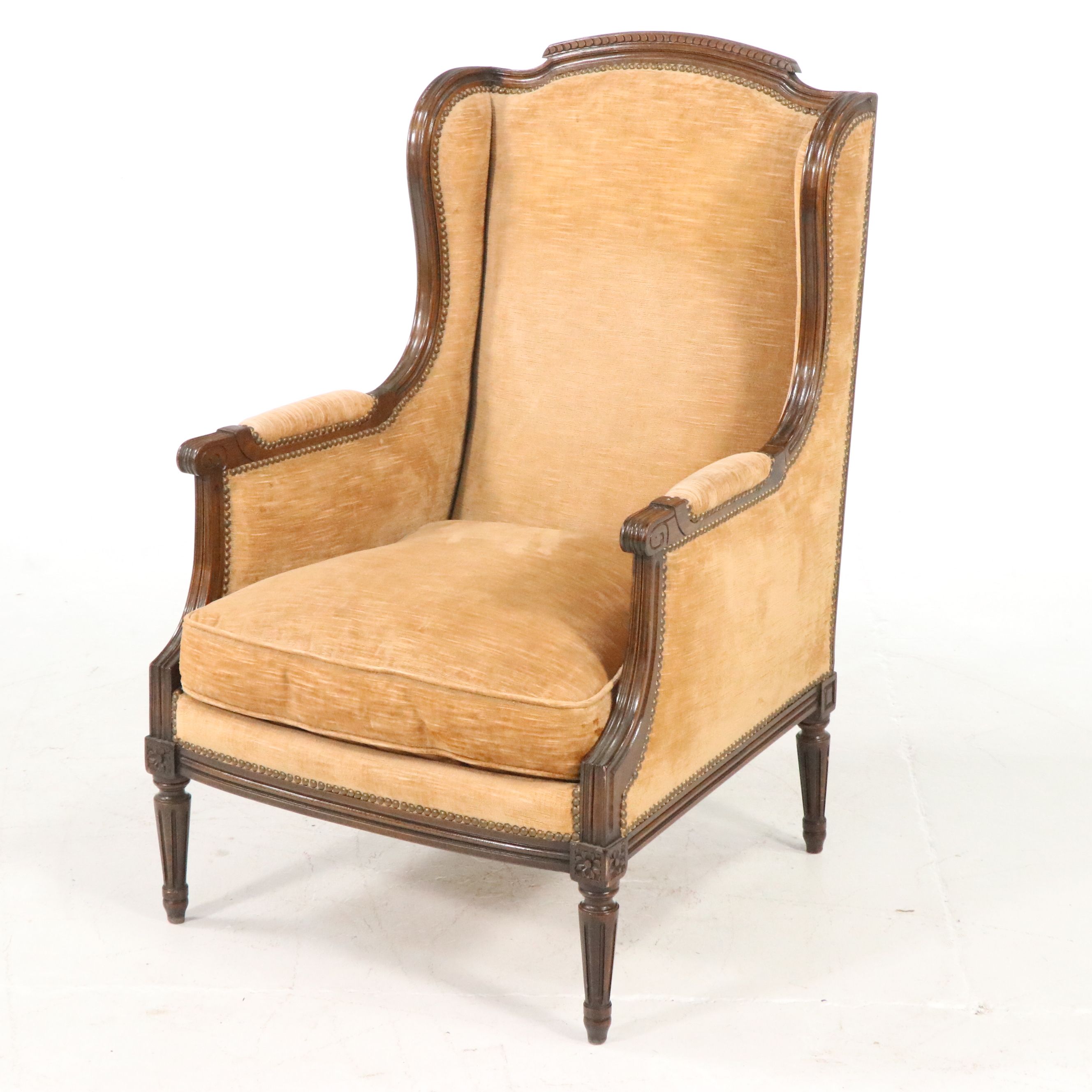 Pair of French Louis XVI Style Carved Wood and Upholstered Bergère Chairs