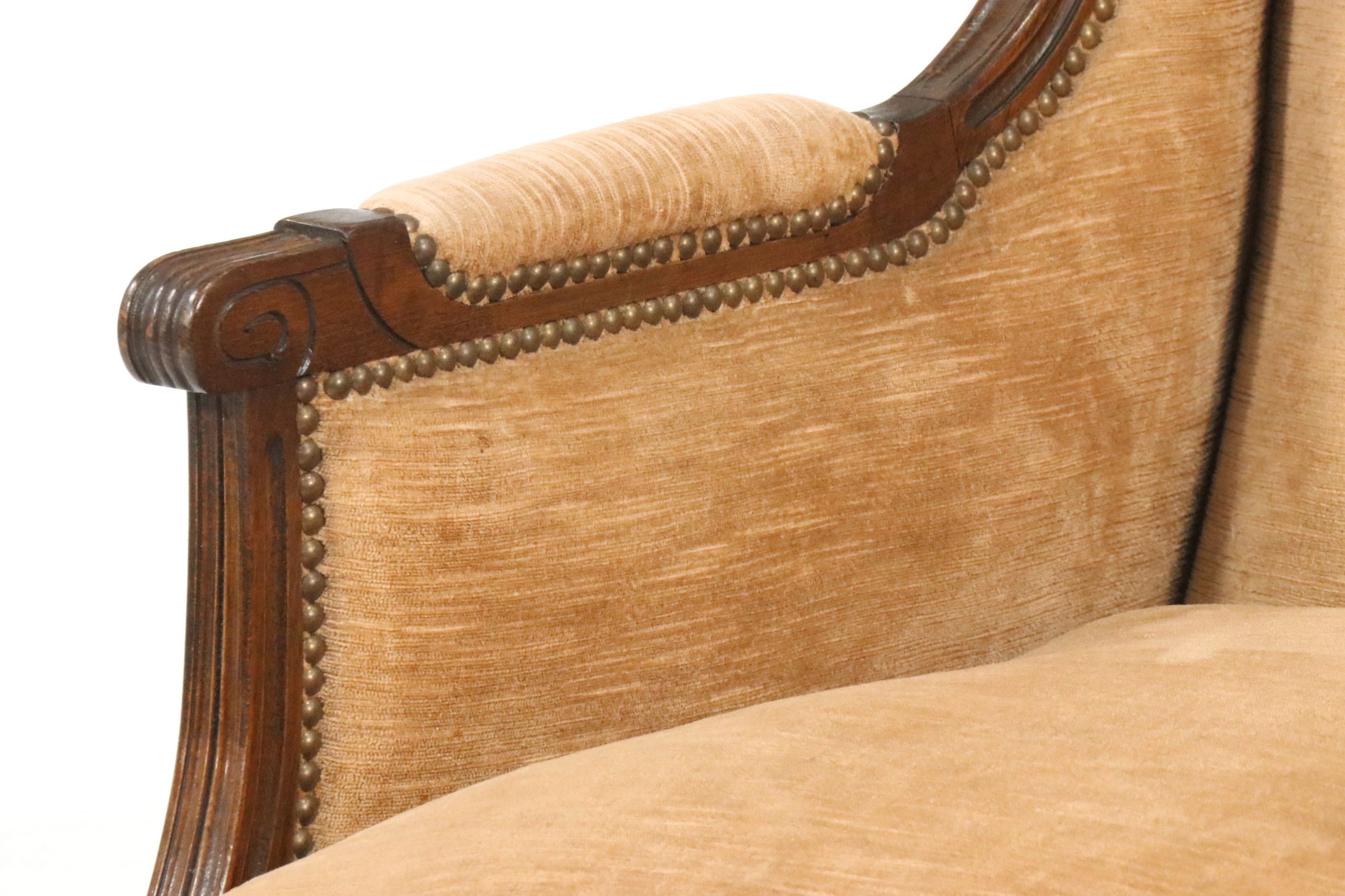 Pair of French Louis XVI Style Carved Wood and Upholstered Bergère Chairs