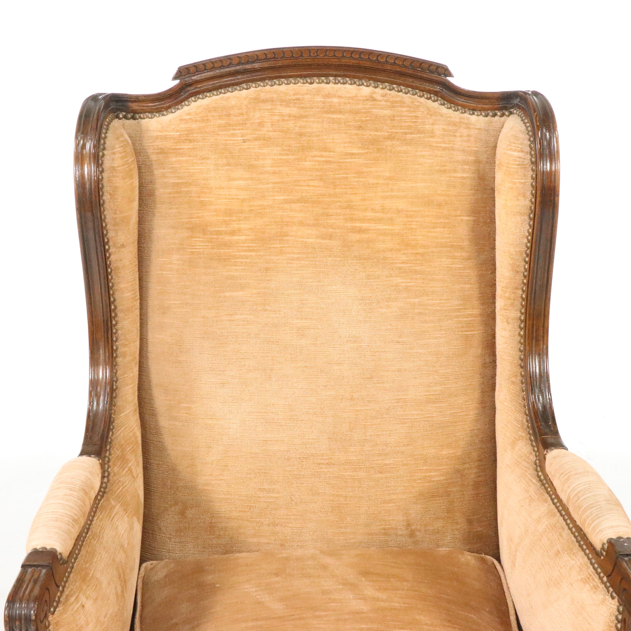 Pair of French Louis XVI Style Carved Wood and Upholstered Bergère Chairs