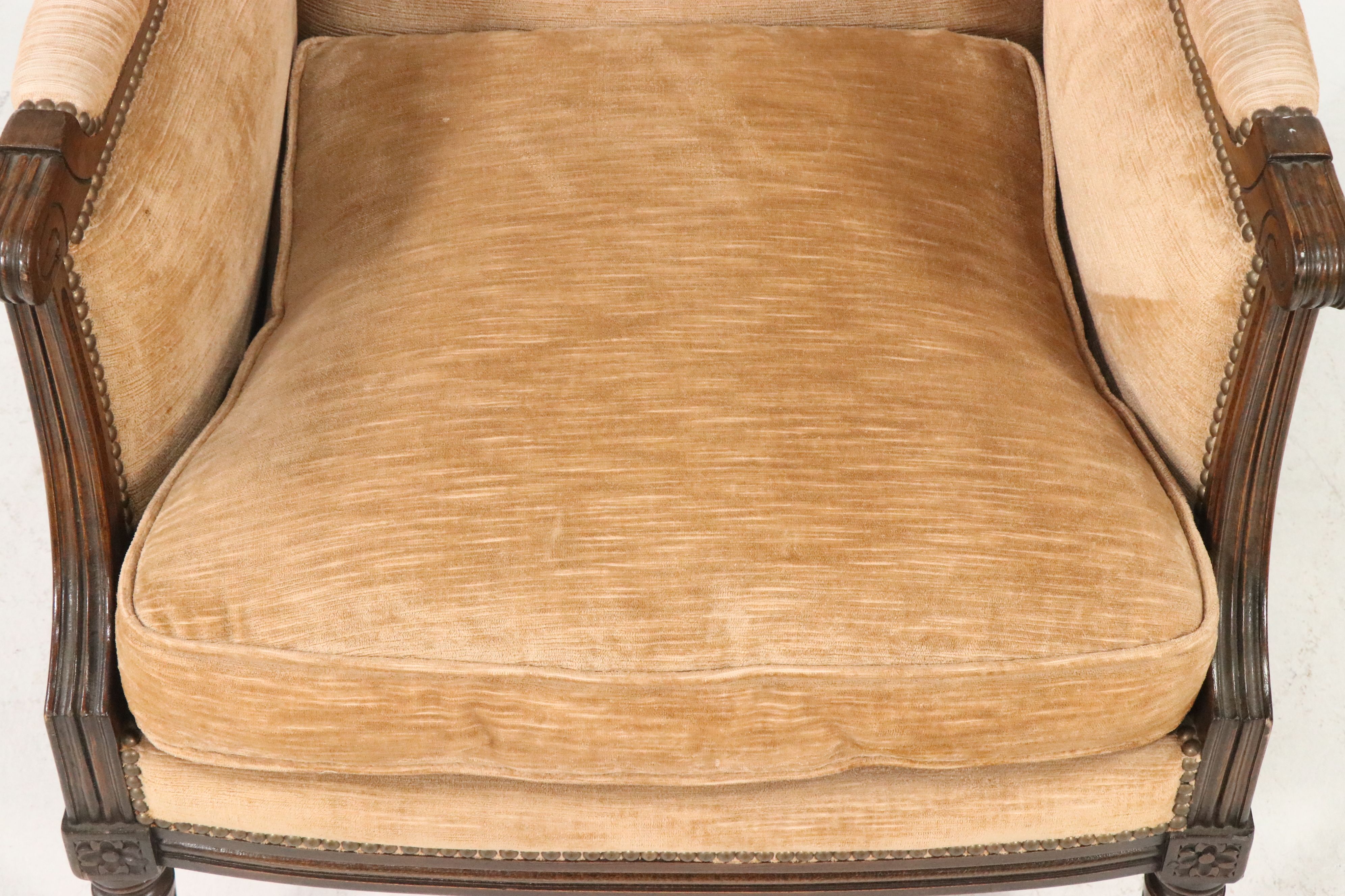 Pair of French Louis XVI Style Carved Wood and Upholstered Bergère Chairs