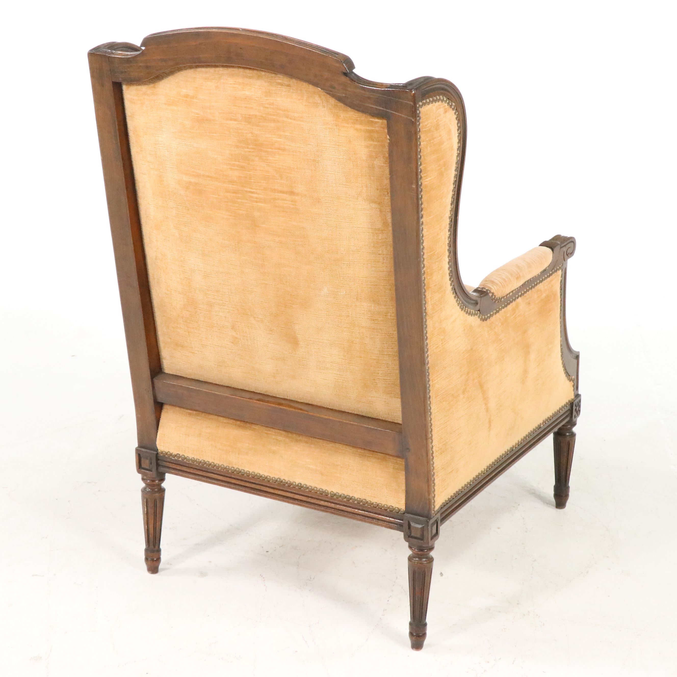 Pair of French Louis XVI Style Carved Wood and Upholstered Bergère Chairs