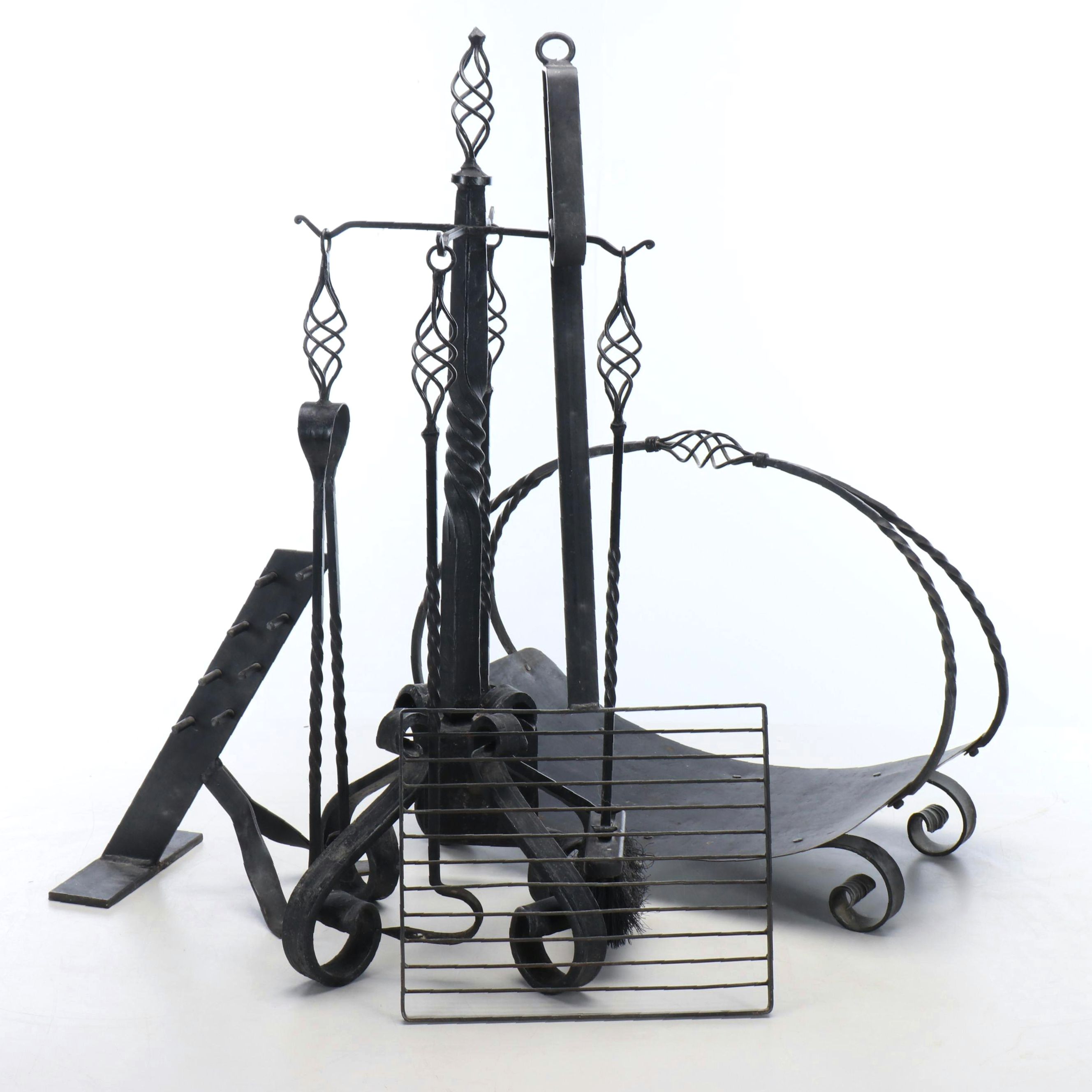 Twist and Scrolled Cast Iron Log Holder, Fireplace Tool Set, Grill and Andiron