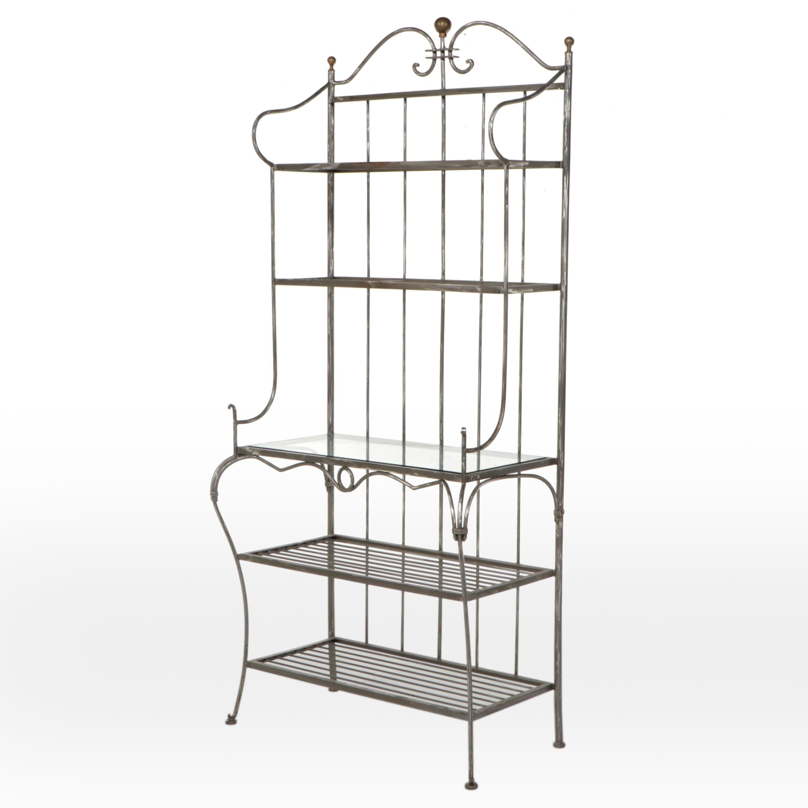 French Country Style Wrought Iron Baker's Rack with Glass Shelf
