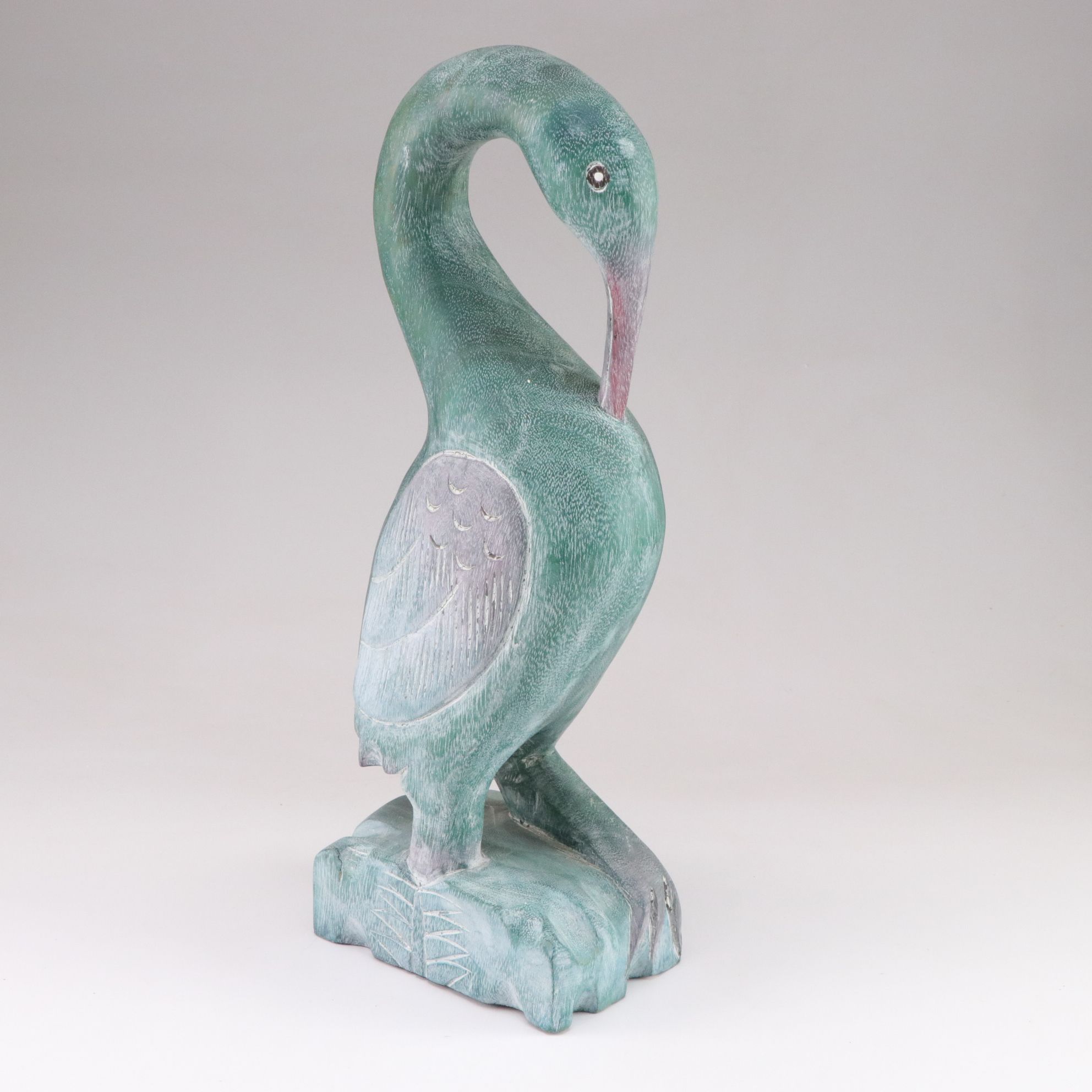 Hand-Carved Wooden Blue Heron Figure in Teal and Pink Hues