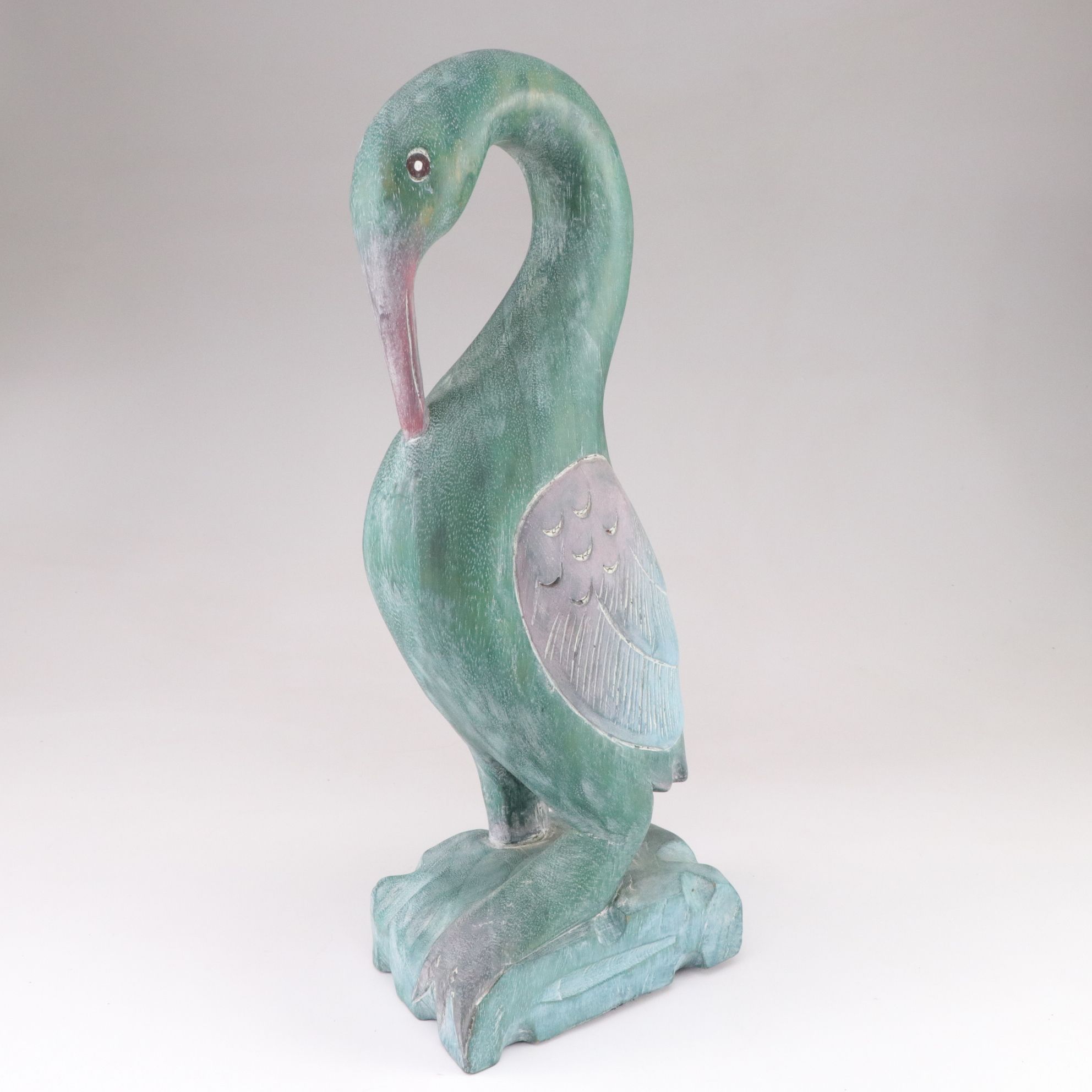 Hand-Carved Wooden Blue Heron Figure in Teal and Pink Hues