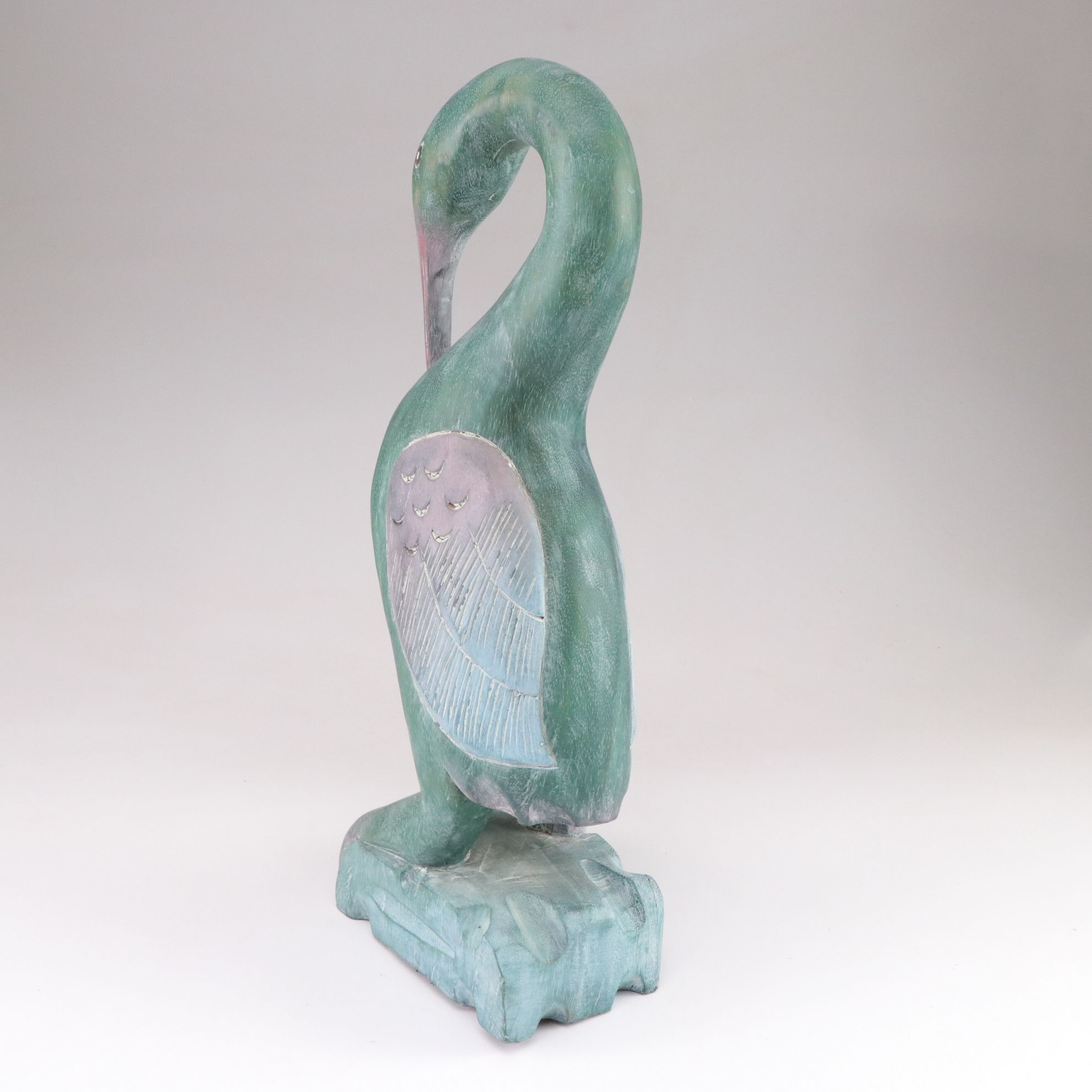 Hand-Carved Wooden Blue Heron Figure in Teal and Pink Hues