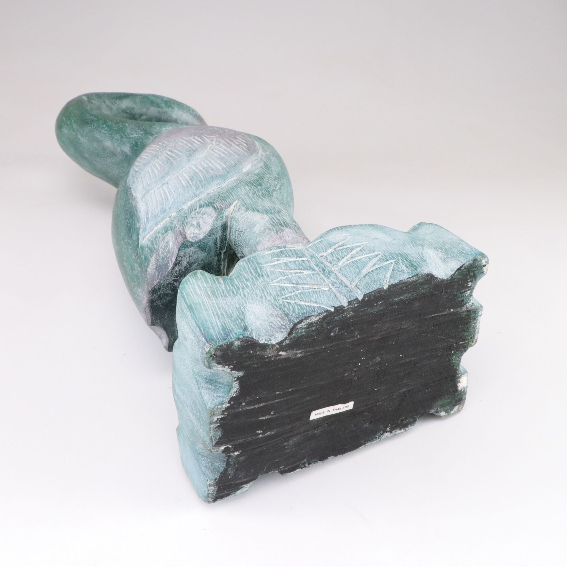 Hand-Carved Wooden Blue Heron Figure in Teal and Pink Hues